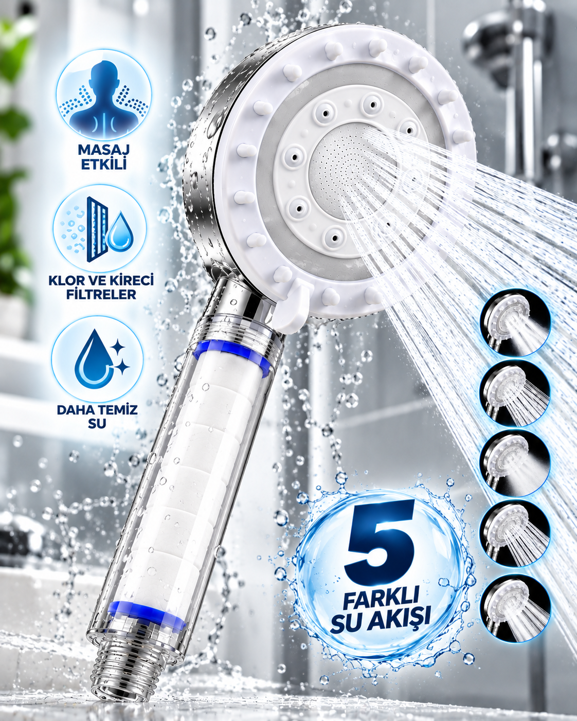 Klor ve Kireç Filtreli Duş Başlığı 5 Farklı Su Akışı Masaj Etkili Filtreli Duş Başlığı - Lisinya Klor ve Kireç Filtreli Duş Başlığı 5 Farklı Su Akışı Masaj Etkili Filtreli Duş Başlığı - Lisinya