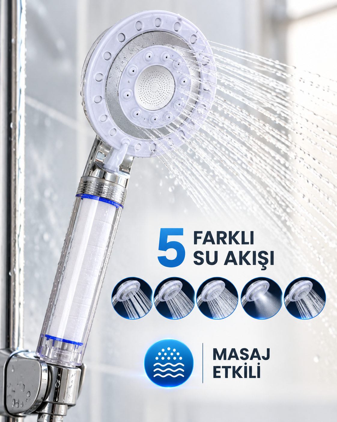 Masaj Etkili Filtreli Duş Başlığı 5 Fonksiyonlu Yağmur Sis Geniş Karışık Su Akışı - Lisinya Masaj Etkili Filtreli Duş Başlığı 5 Fonksiyonlu Yağmur Sis Geniş Karışık Su Akışı - Lisinya