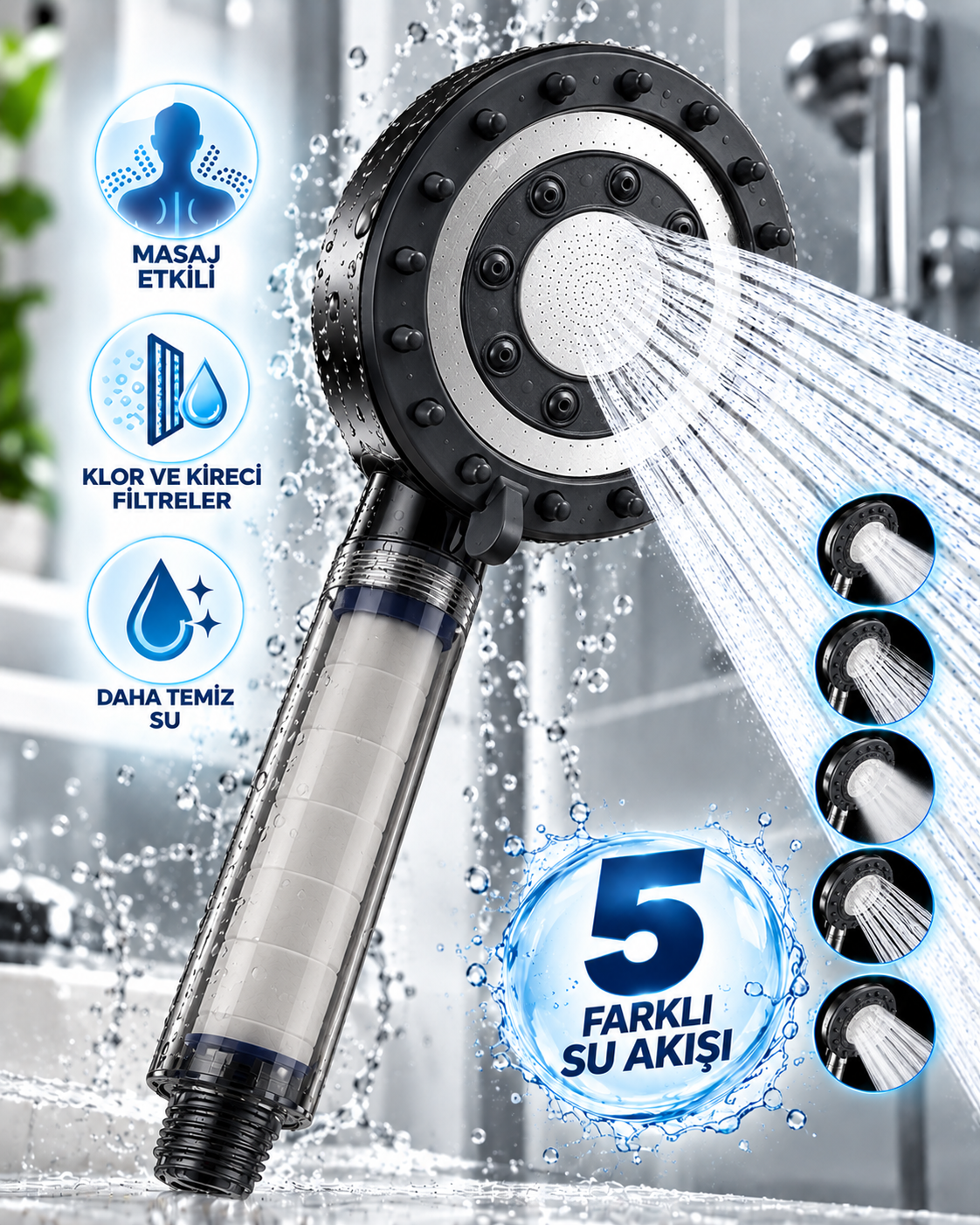 Masaj Etkili Filtreli Duş Başlığı 5 Fonksiyonlu Yağmur Sis Geniş Karışık Su Akışı - Lisinya Masaj Etkili Filtreli Duş Başlığı 5 Fonksiyonlu Yağmur Sis Geniş Karışık Su Akışı - Lisinya
