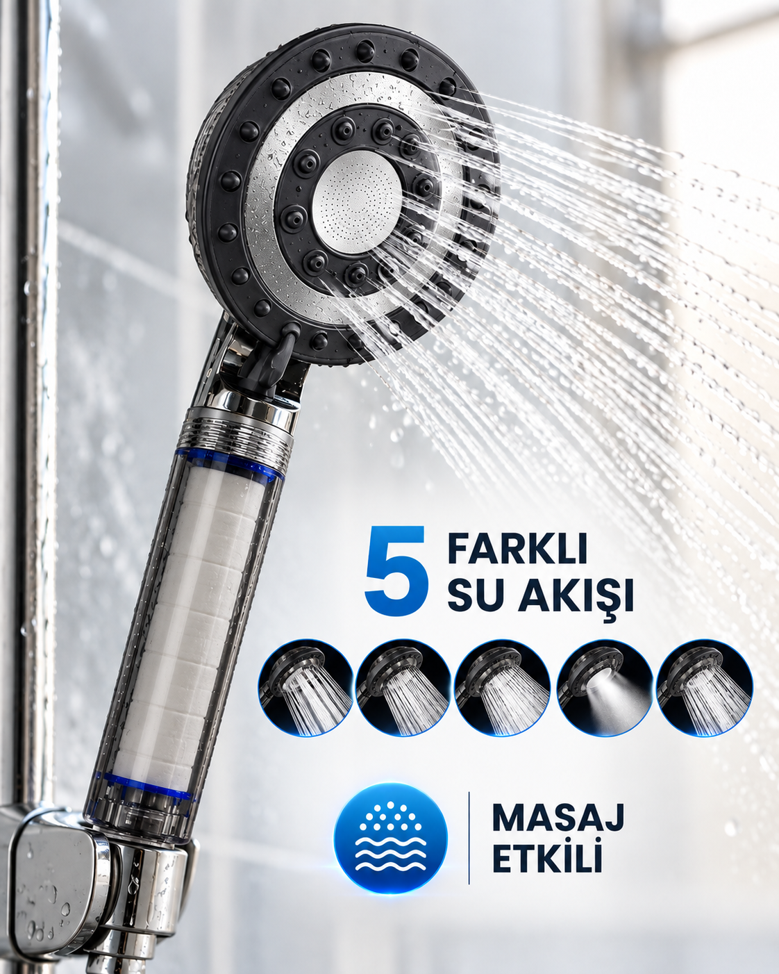 Siyah Filtreli Duş Başlığı 5 Farklı Su Akışı Masaj Etkili Klor ve Kireç Filtreleme - Lisinya Siyah Filtreli Duş Başlığı 5 Farklı Su Akışı Masaj Etkili Klor ve Kireç Filtreleme - Lisinya