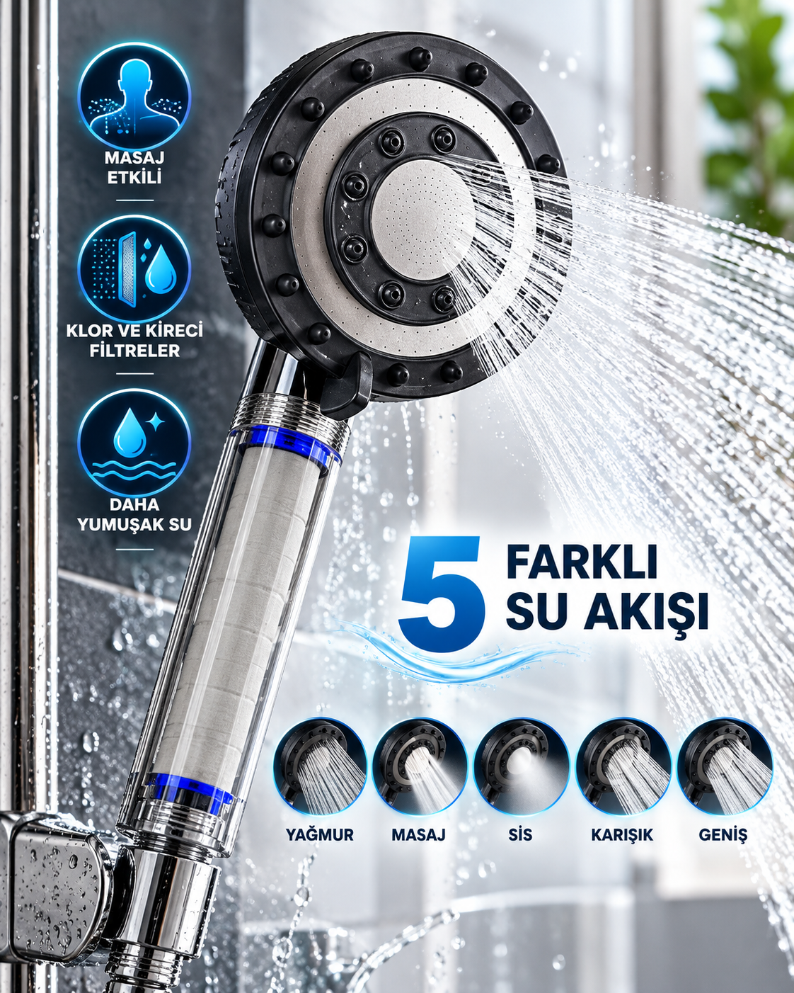 Klor ve Kireç Filtreli Duş Başlığı 5 Farklı Su Akışı Masaj Etkili Filtreli Duş Başlığı - Lisinya Klor ve Kireç Filtreli Duş Başlığı 5 Farklı Su Akışı Masaj Etkili Filtreli Duş Başlığı - Lisinya