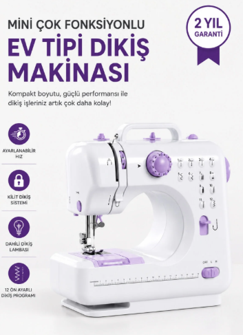 Kompakt Çok Fonksiyonlu Dikiş Makinesi 12 Desenli Ayarlanabilir Hızlı Ayak Pedallı - Lisinya