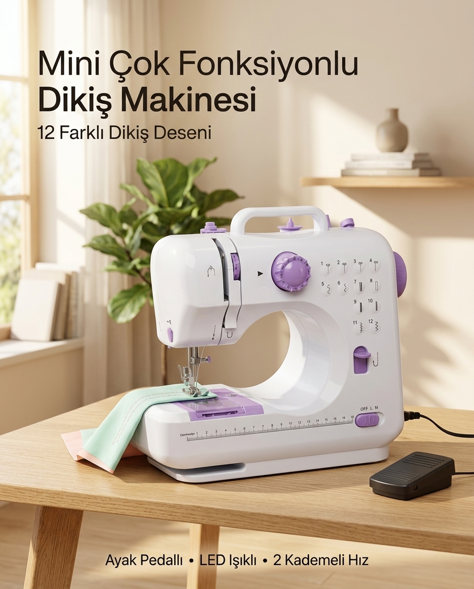 Çok Fonksiyonlu Mini Dikiş Makinesi 12 Dikiş Seçenekli 2 Kademeli Hız Ayarlı - Lisinya