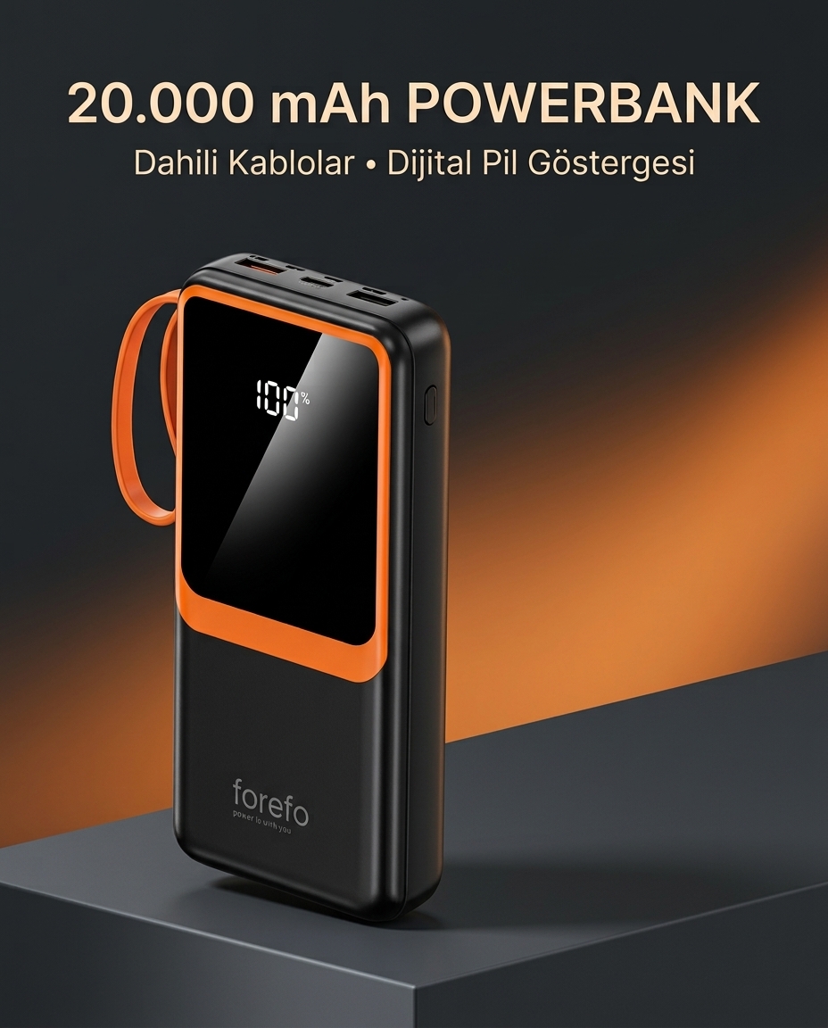 Telefon ve Mobil Cihaz Uyumlu 20000 mAh Powerbank Dahili Kablolu Dijital Göstergeli - Lisinya