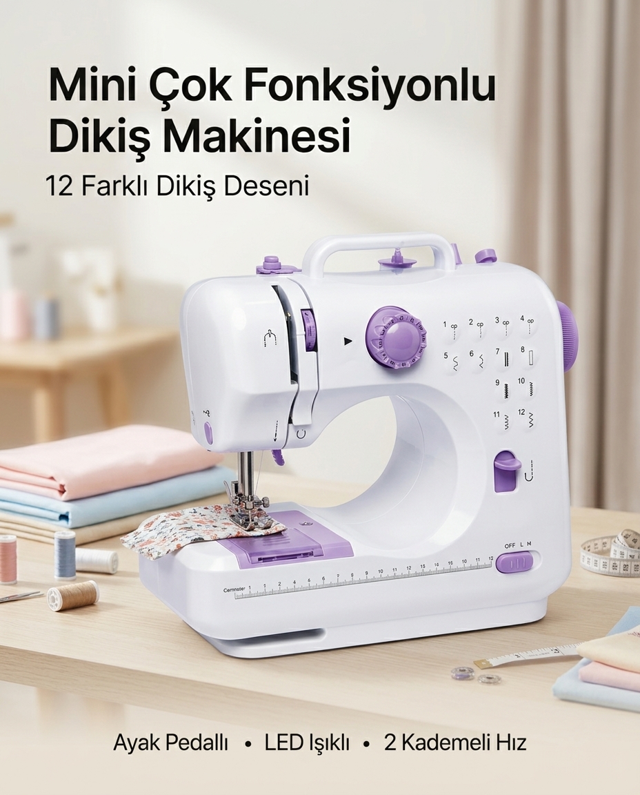 Ev Tipi Mini Dikiş Makinesi Ayak Pedallı LED Aydınlatmalı 12 Farklı Dikiş Desenli - Lisinya
