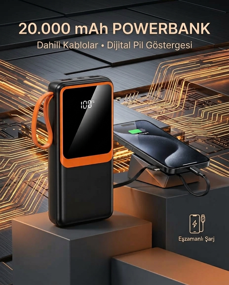 20000 mAh Yüksek Kapasiteli Powerbank Dahili Kablolu Dijital Göstergeli Taşınabilir Şarj Cihazı - Lisinya 20000 mAh Yüksek Kapasiteli Powerbank Dahili Kablolu Dijital Göstergeli Taşınabilir Şarj Cihazı - Lisinya