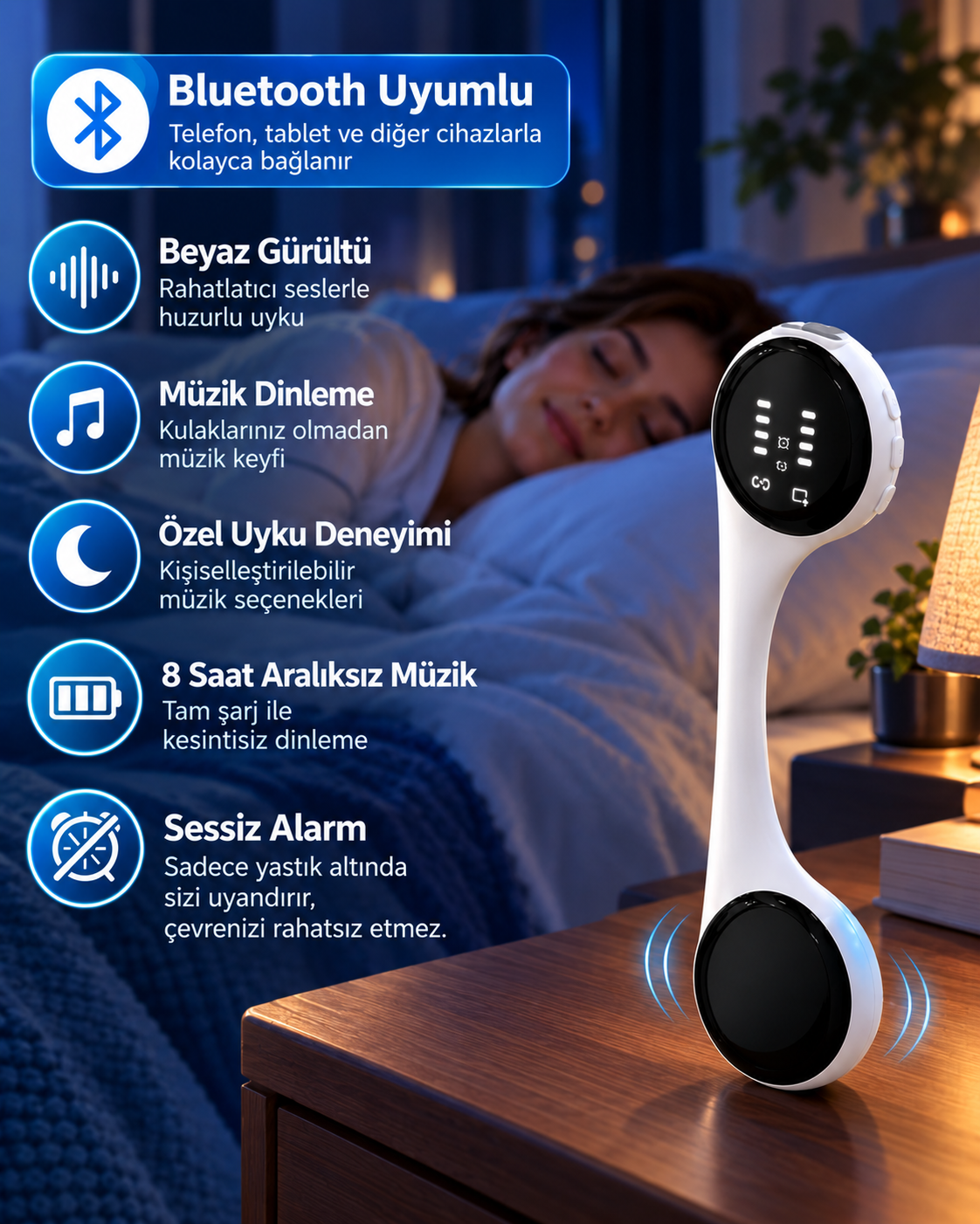 Sessiz Alarm Özellikli Bluetooth Hoparlör Yastık Altı Uyku Cihazı Doğal Ses ve 8 Saat Kesintisiz Müzik - Lisinya