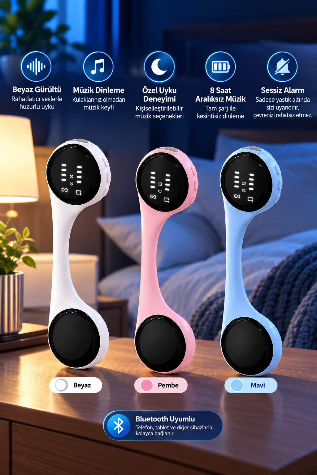 Bluetooth Yastık Altı Hoparlör Sessiz Alarm ve Rahatlatıcı Uyku Sesleri 8 Saat Kesintisiz Müzik Deneyimi - Lisinya