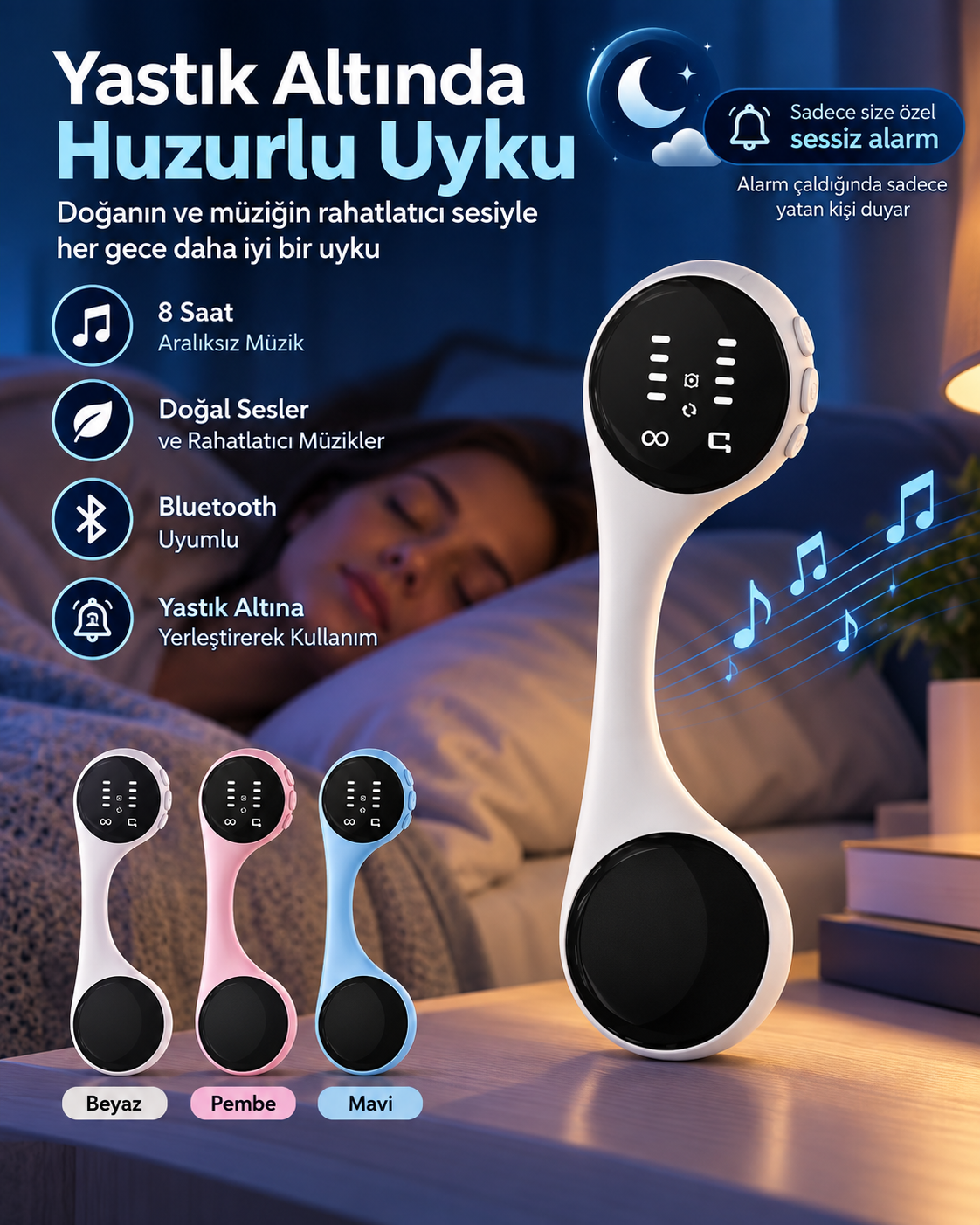 Bluetooth Yastık Altı Uyku Hoparlörü Sessiz Alarm Rahatlatıcı Doğal Sesler - Lisinya