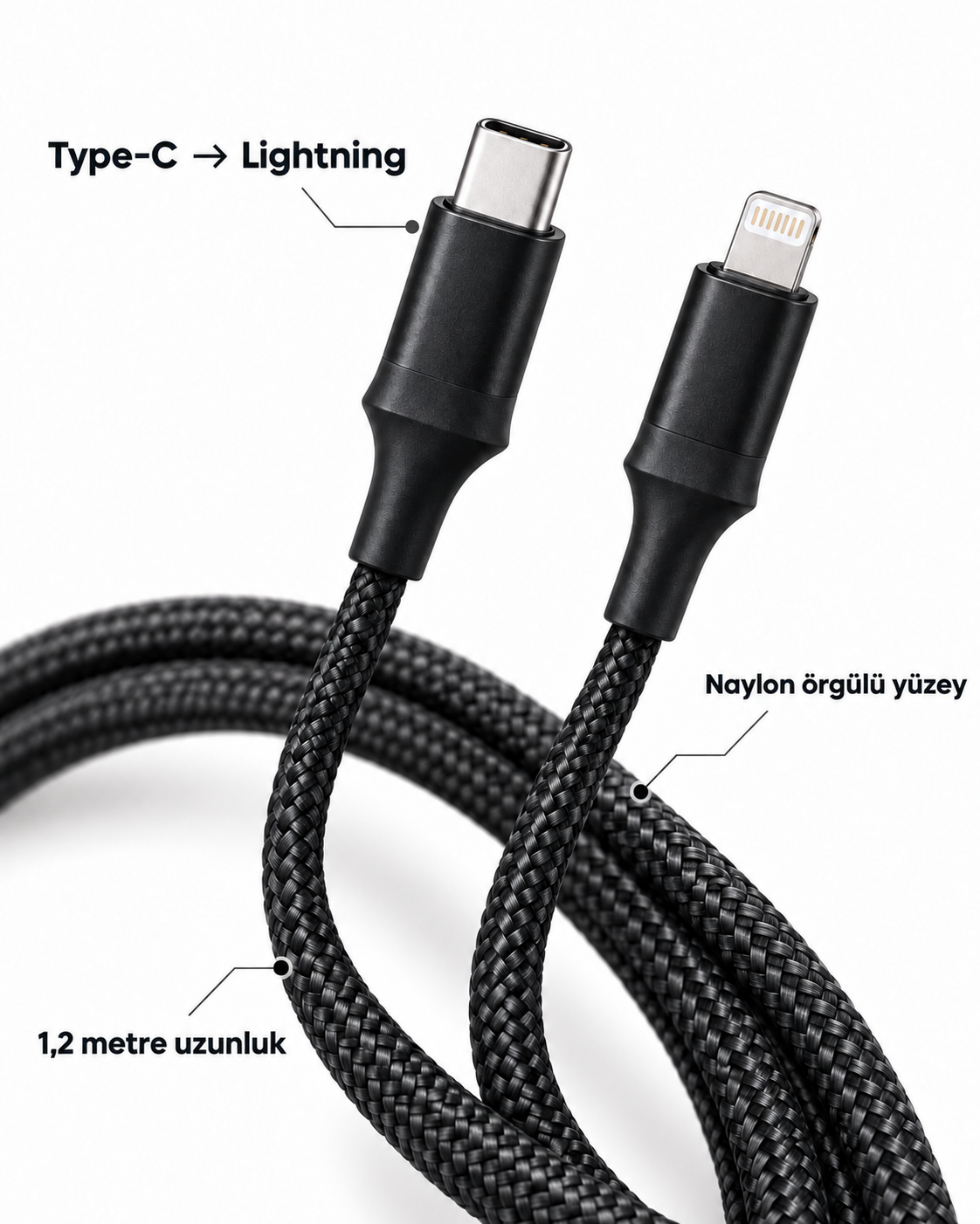 30W PD Hızlı Şarj Kablosu Type C Lightning LED Göstergeli - Lisinya