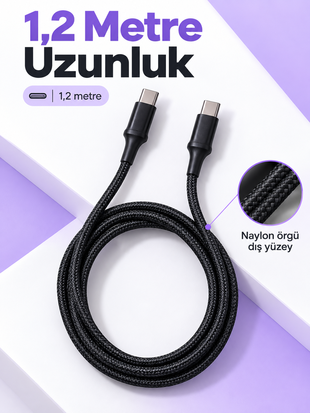 Telefon ve Tablet İçin Type C to Type C Örgülü Şarj Kablosu - Lisinya