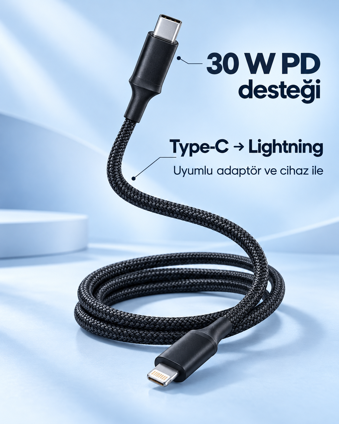 PD Hızlı Şarj Destekli LED Göstergeli Lightning Kablo - Lisinya