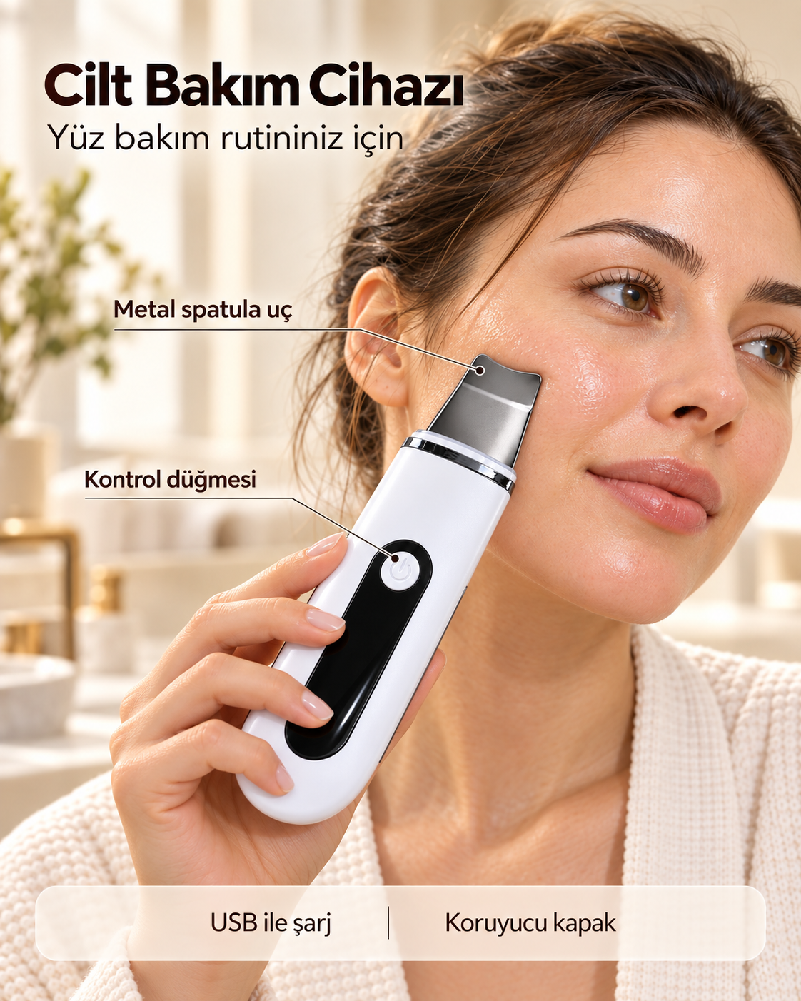 Yüz Bakım Rutini İçin Metal Uçlu USB Şarjlı Beyaz Cilt Bakım Cihazı - Lisinya Yüz Bakım Rutini İçin Metal Uçlu USB Şarjlı Beyaz Cilt Bakım Cihazı - Lisinya