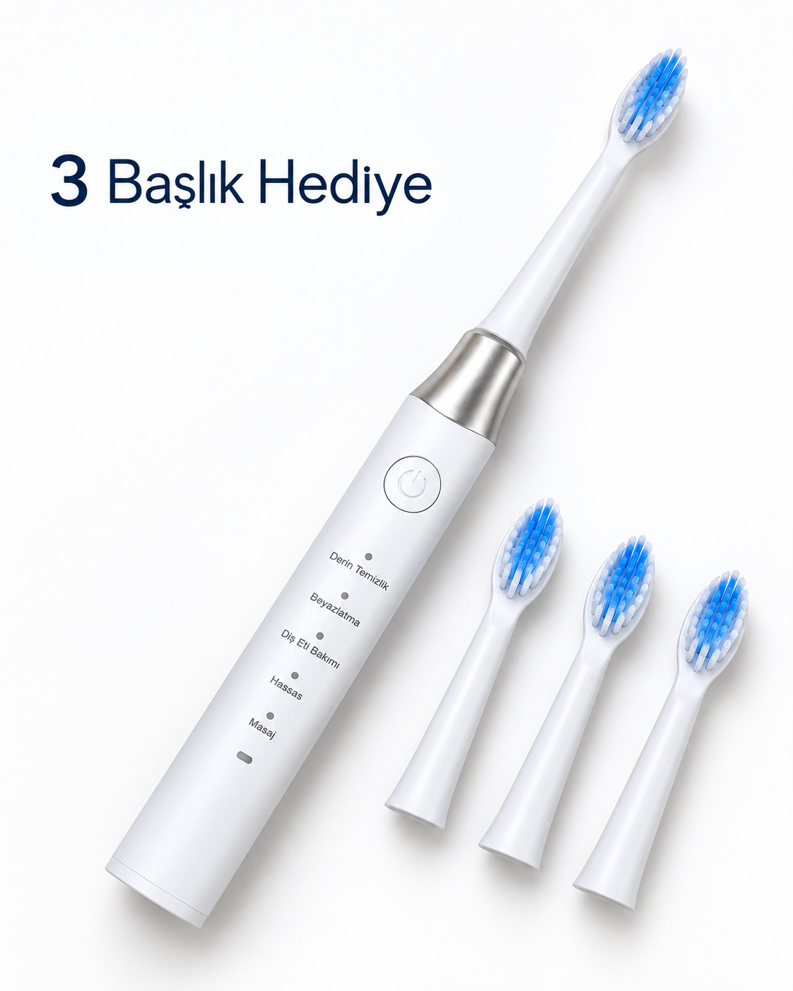 1. Hassas ve Masaj Modlu USB Şarjlı Beyaz Elektrikli Diş Fırçası 3 Başlık Hediyeli - Lisinya
