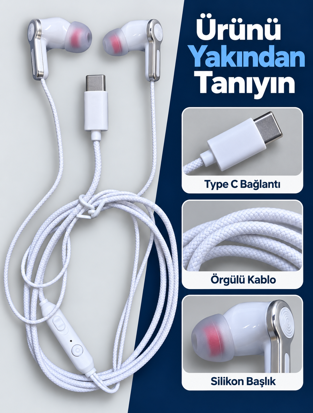 Gümüş Detaylı Silikon Başlıklı Type C Kablolu Kulaklık - Lisinya Gümüş Detaylı Silikon Başlıklı Type C Kablolu Kulaklık - Lisinya