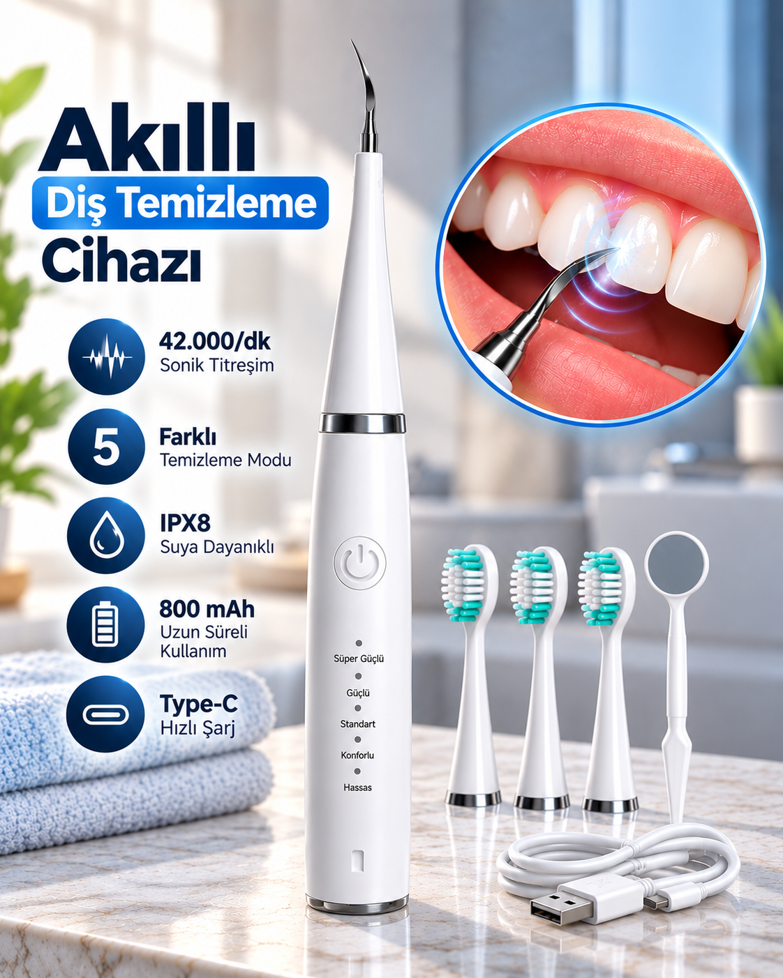 1. Taşınabilir Akıllı Diş Temizleme Cihazı Ayarlanabilir 5 Kademe Type C Şarjlı Sonic Temizleme - Lisinya 1. Taşınabilir Akıllı Diş Temizleme Cihazı Ayarlanabilir 5 Kademe Type C Şarjlı Sonic Temizleme - Lisinya