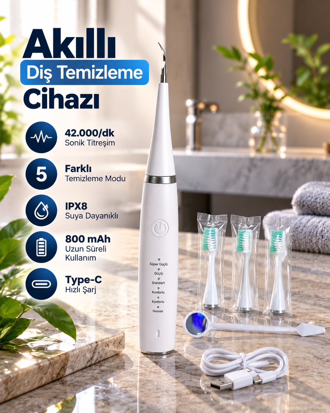 Sonic Titreşimli Akıllı Diş Temizleme Cihazı Type C Şarjlı 5 Kademeli Temizleme Sistemi - Lisinya Sonic Titreşimli Akıllı Diş Temizleme Cihazı Type C Şarjlı 5 Kademeli Temizleme Sistemi - Lisinya