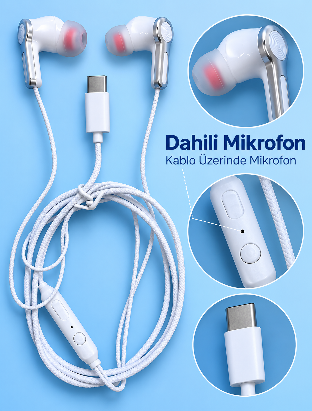 Type C Girişli Mikrofonlu Beyaz Kablolu Kulak İçi Kulaklık - Lisinya