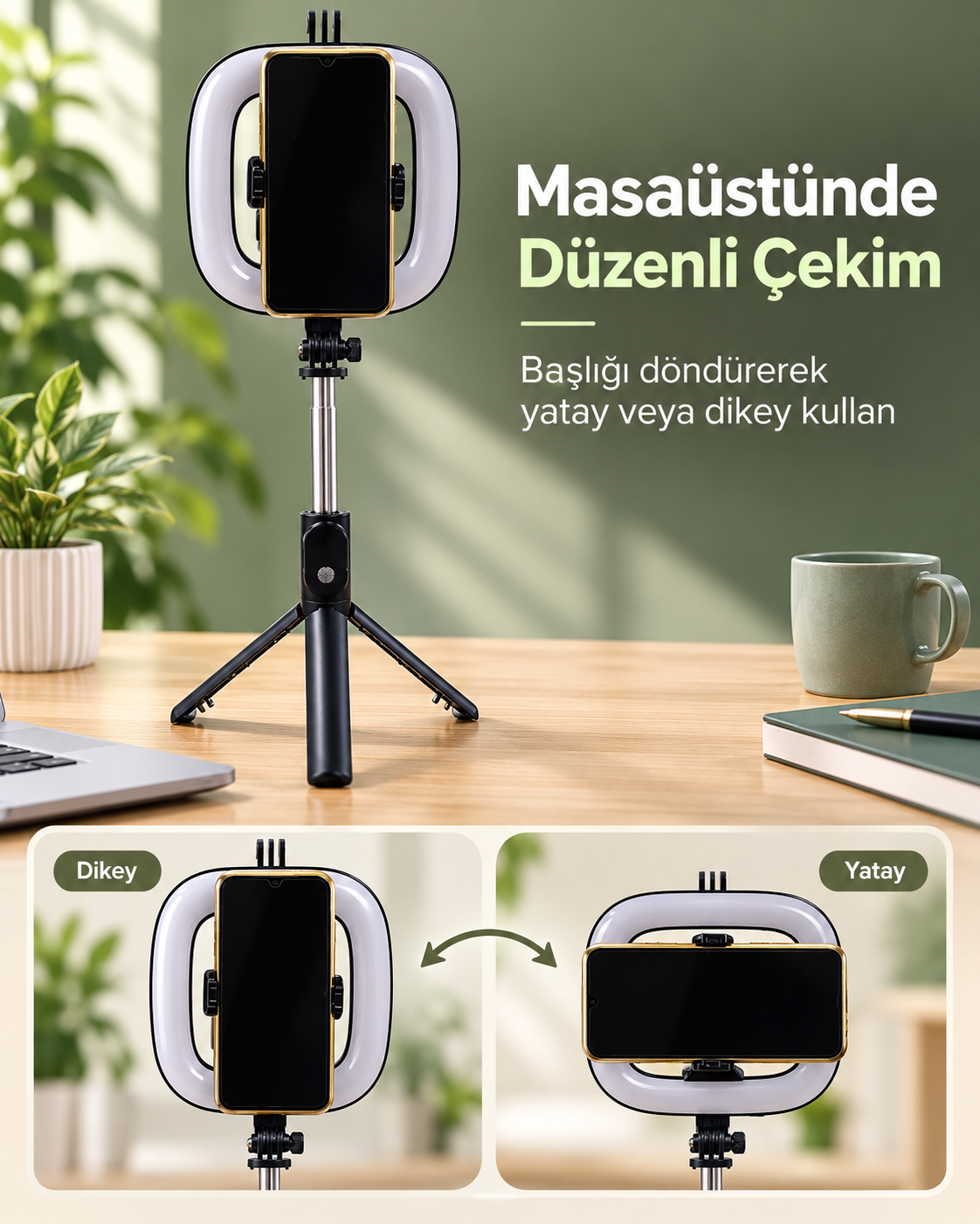 Kablosuz Kumandalı RGB Halka Işık Tripod Standı ve Manyetik Telefon Tutucu - Lisinya