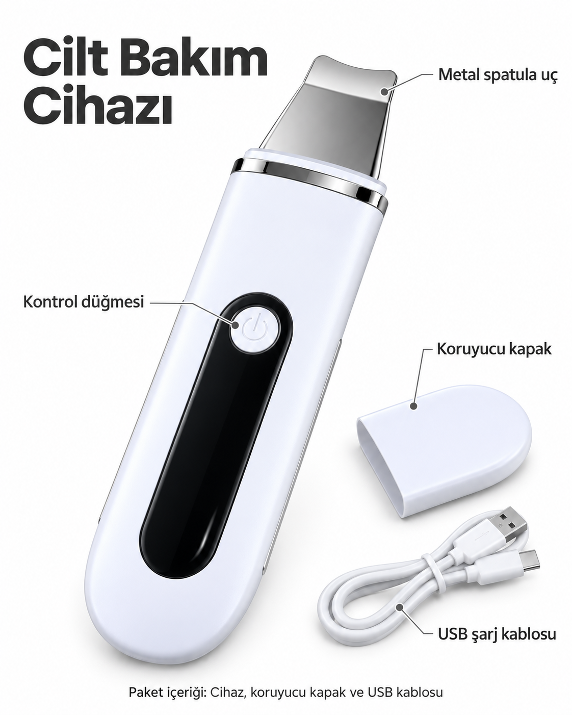 Yüz Bakım Rutini İçin Metal Uçlu USB Şarjlı Beyaz Cilt Bakım Cihazı - Lisinya