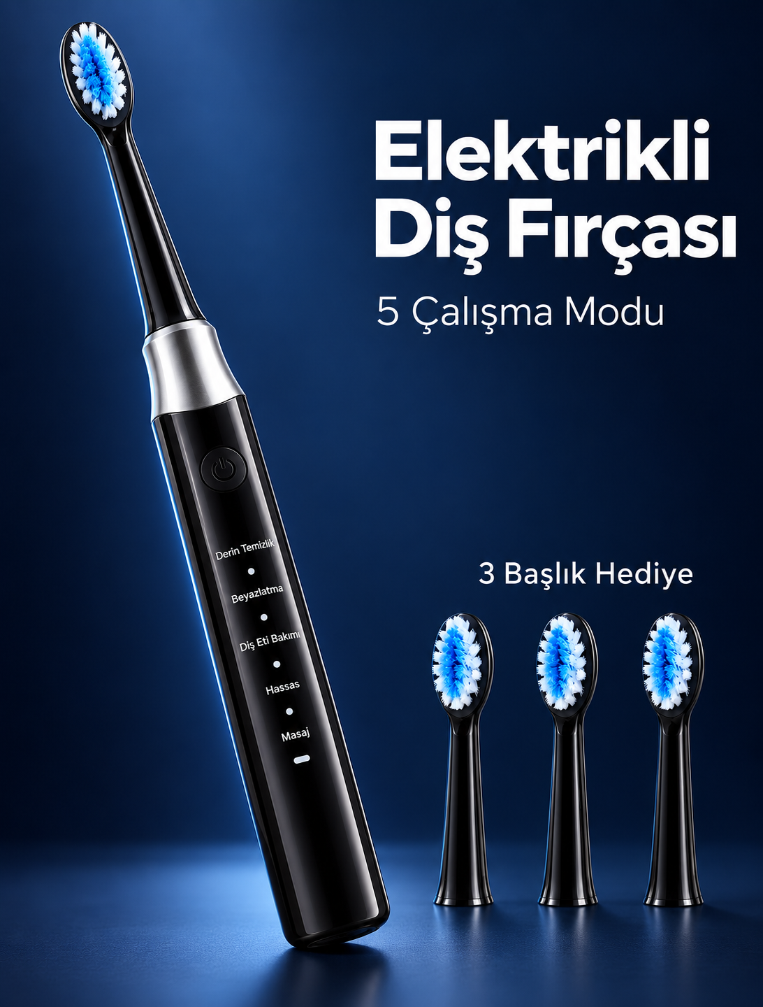 3 Yedek Başlık Hediyeli USB Şarjlı Siyah Elektrikli Diş Fırçası - Lisinya
