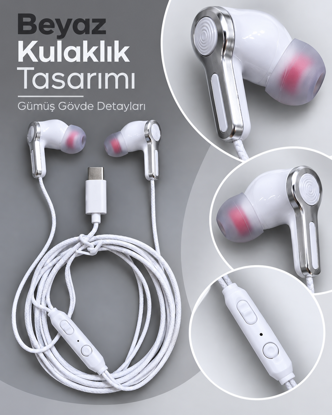 Dahili Mikrofonlu Kablo Üzeri Kumandalı Beyaz Kulaklık - Lisinya
