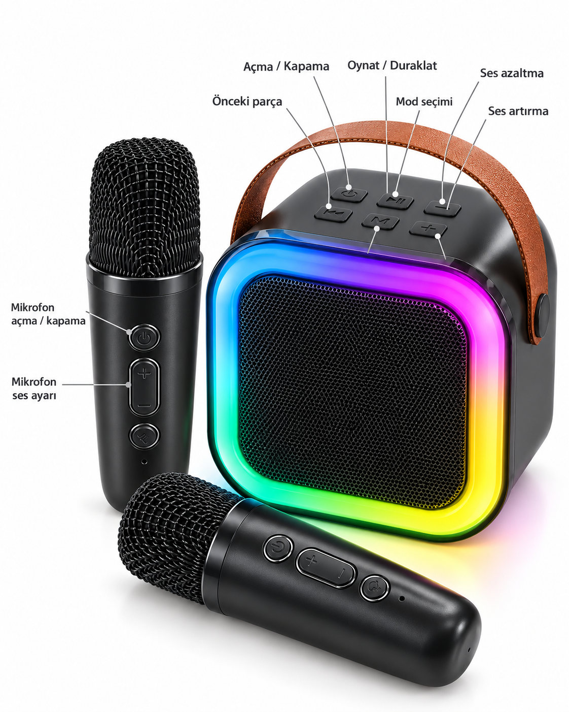 Bluetooth Bağlantılı LED Işıklı Karaoke Ses Sistemi ve İki Kablosuz Mikrofon - Lisinya Bluetooth Bağlantılı LED Işıklı Karaoke Ses Sistemi ve İki Kablosuz Mikrofon - Lisinya