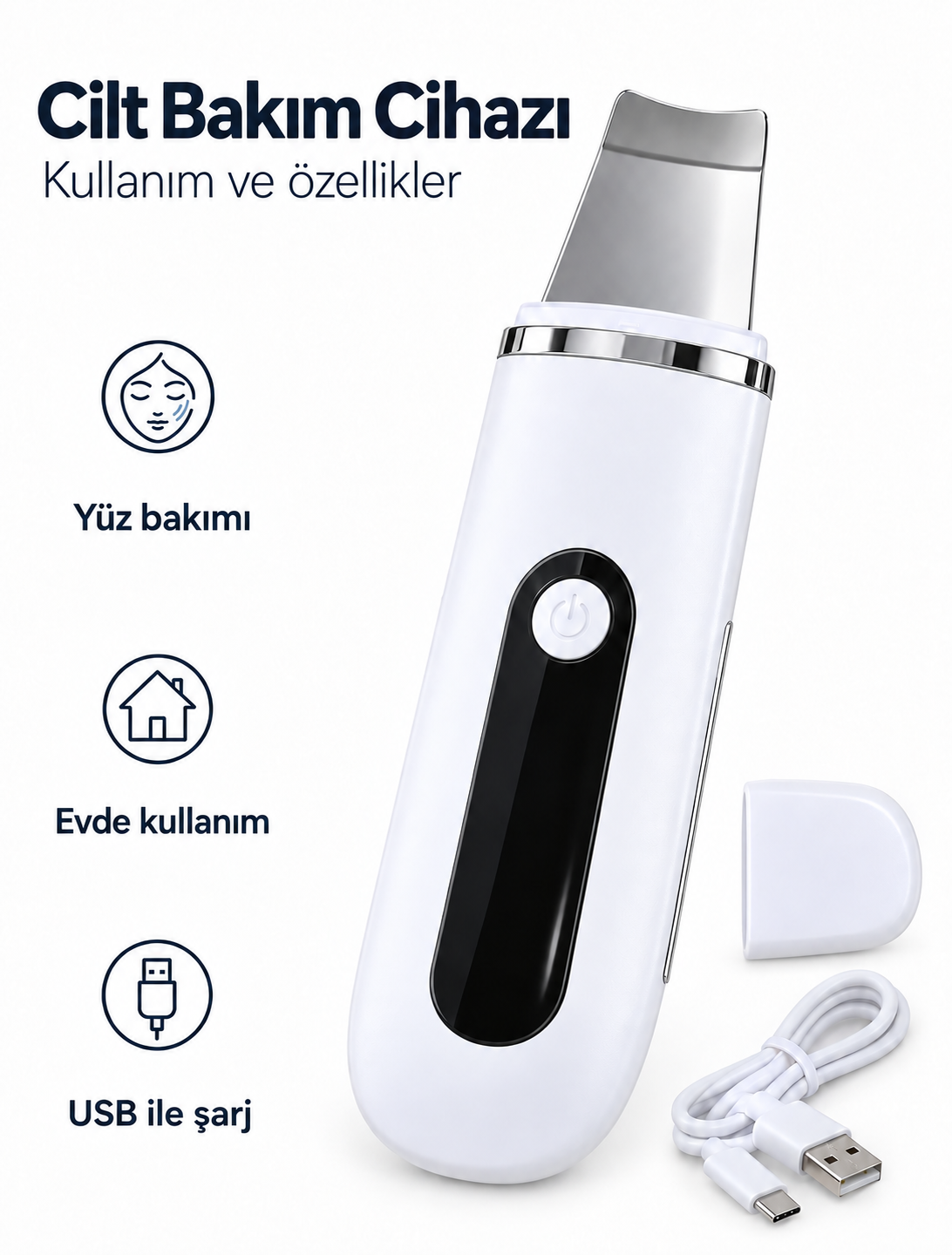 Yüz Bakım Rutini İçin Metal Uçlu USB Şarjlı Beyaz Cilt Bakım Cihazı - Lisinya