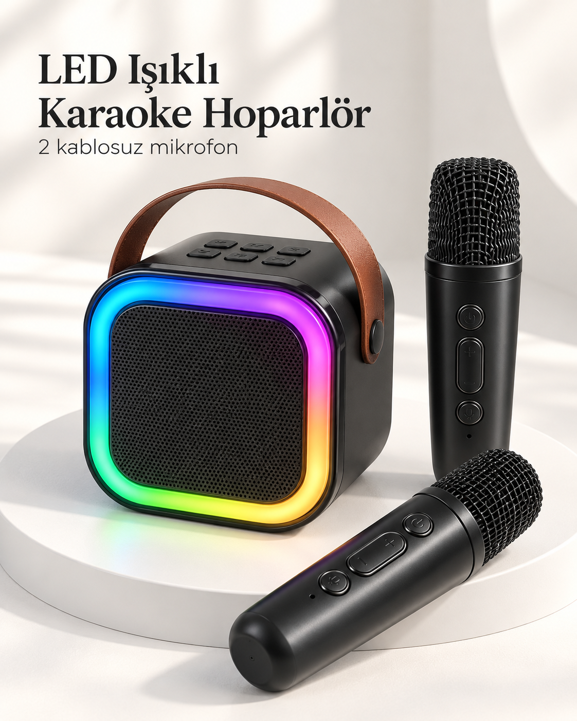 Bluetooth Bağlantılı LED Işıklı Karaoke Ses Sistemi ve İki Kablosuz Mikrofon - Lisinya