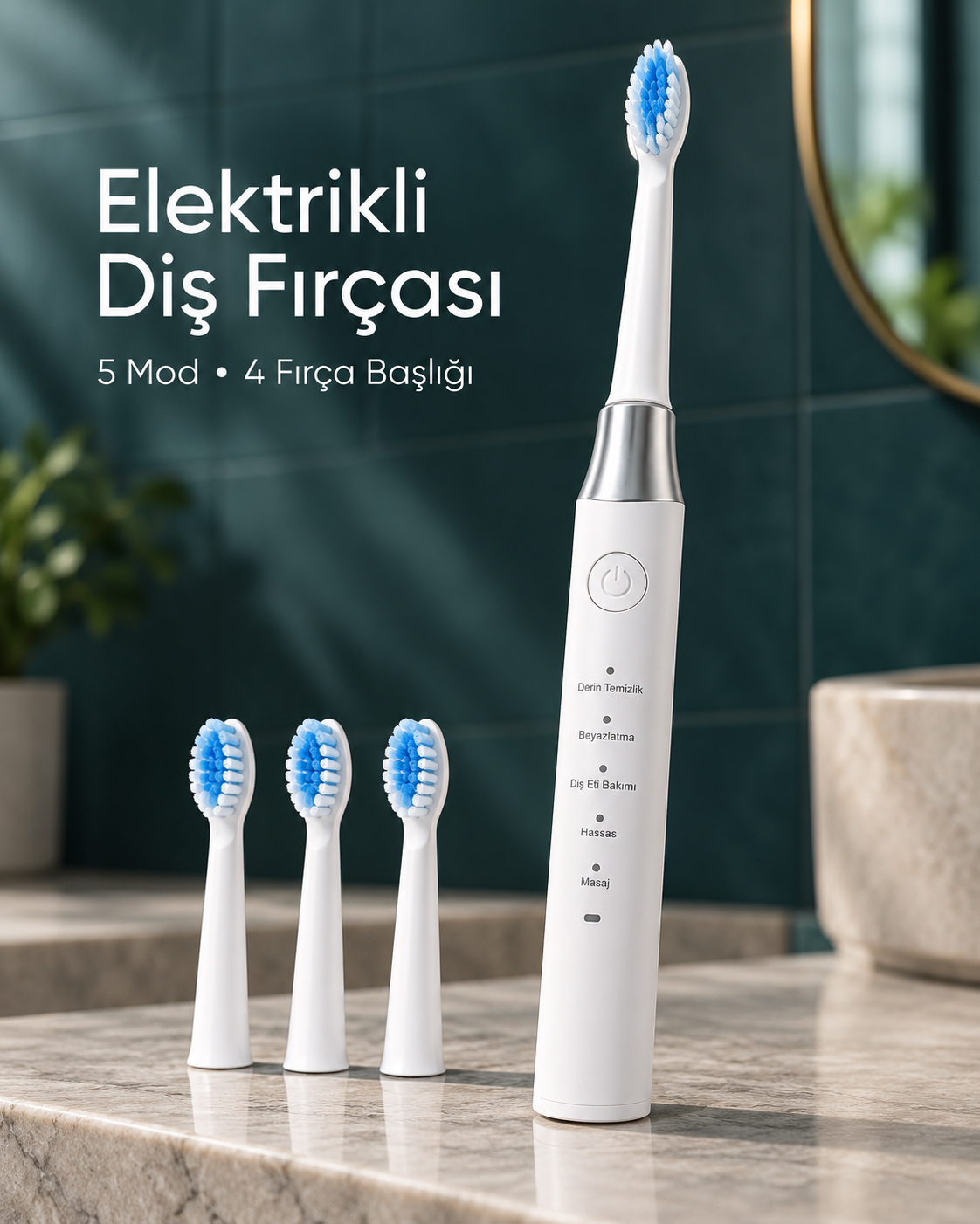 Değiştirilebilir Başlıklı Beyaz Elektrikli Diş Fırçası 5 Mod ve 3 Yedek Başlık - Lisinya