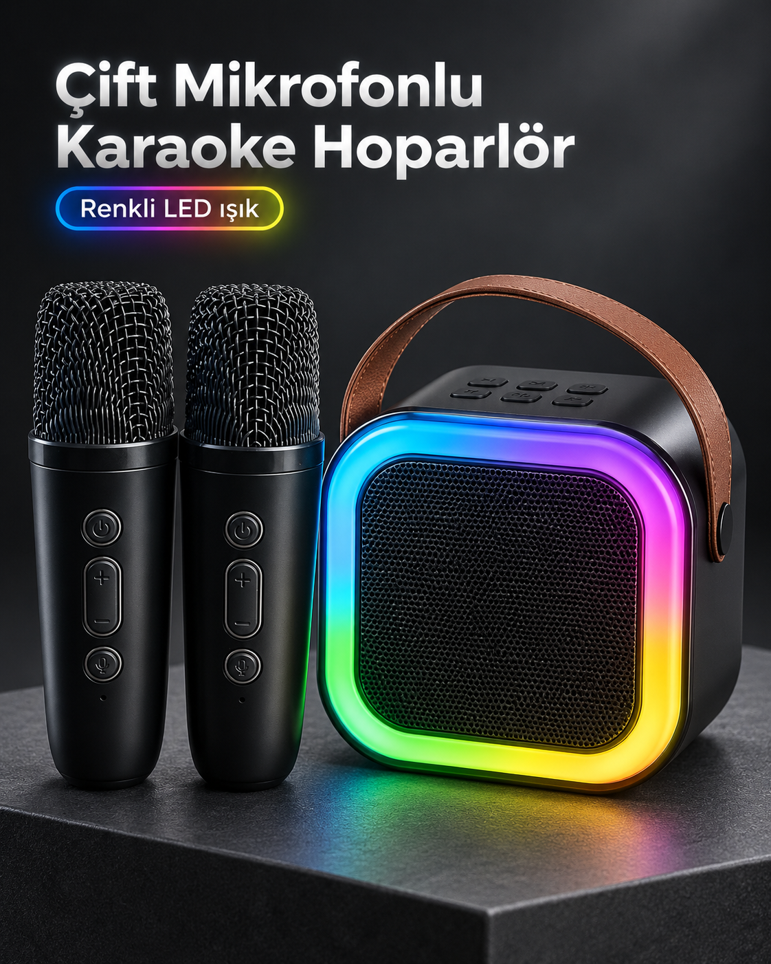 Taşıma Askılı Siyah LED Işıklı Bluetooth Hoparlör Çift Mikrofonlu Karaoke Seti - Lisinya Taşıma Askılı Siyah LED Işıklı Bluetooth Hoparlör Çift Mikrofonlu Karaoke Seti - Lisinya