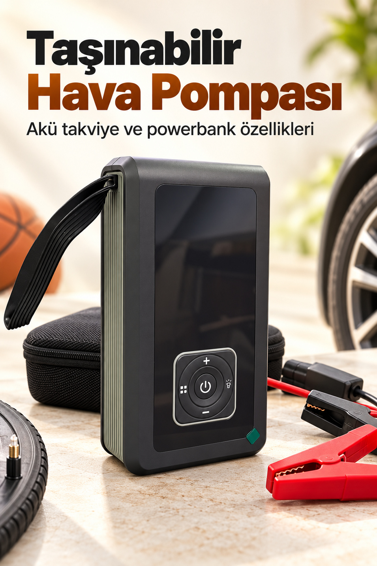 Araç İçin Lastik Şişirme Pompası ve LED Aydınlatmalı Akü Takviye Cihazı - Lisinya