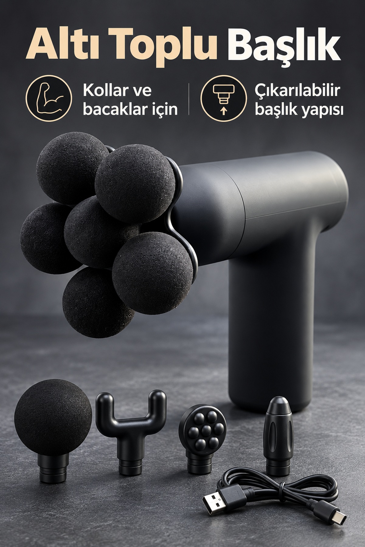Masaj Tabancası 5 Değiştirilebilir Başlıklı Şarjlı Siyah Masaj Aleti - Lisinya