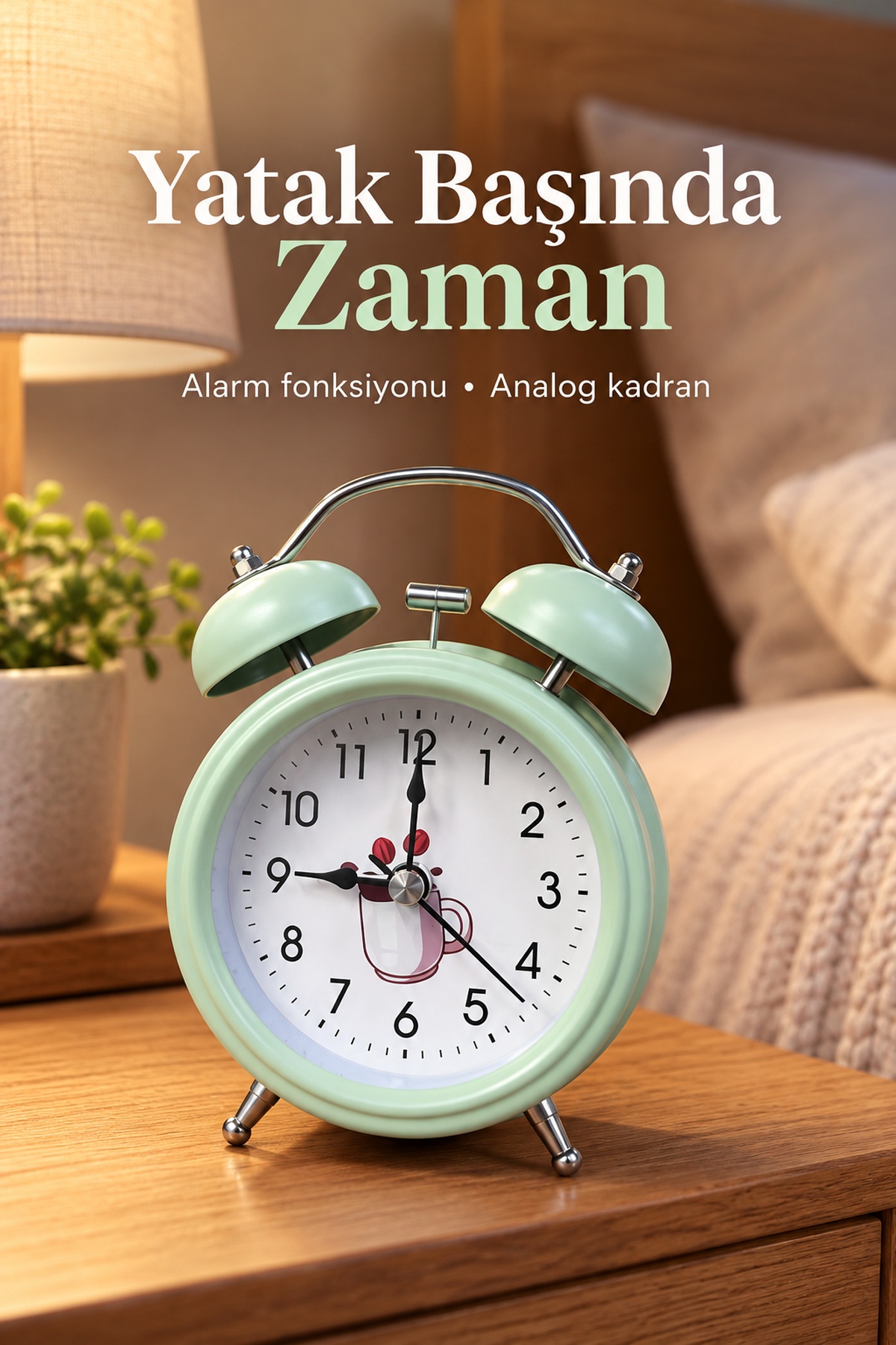 Desenli Kadranlı Analog Masa Saati Alarm Özellikli - Lisinya