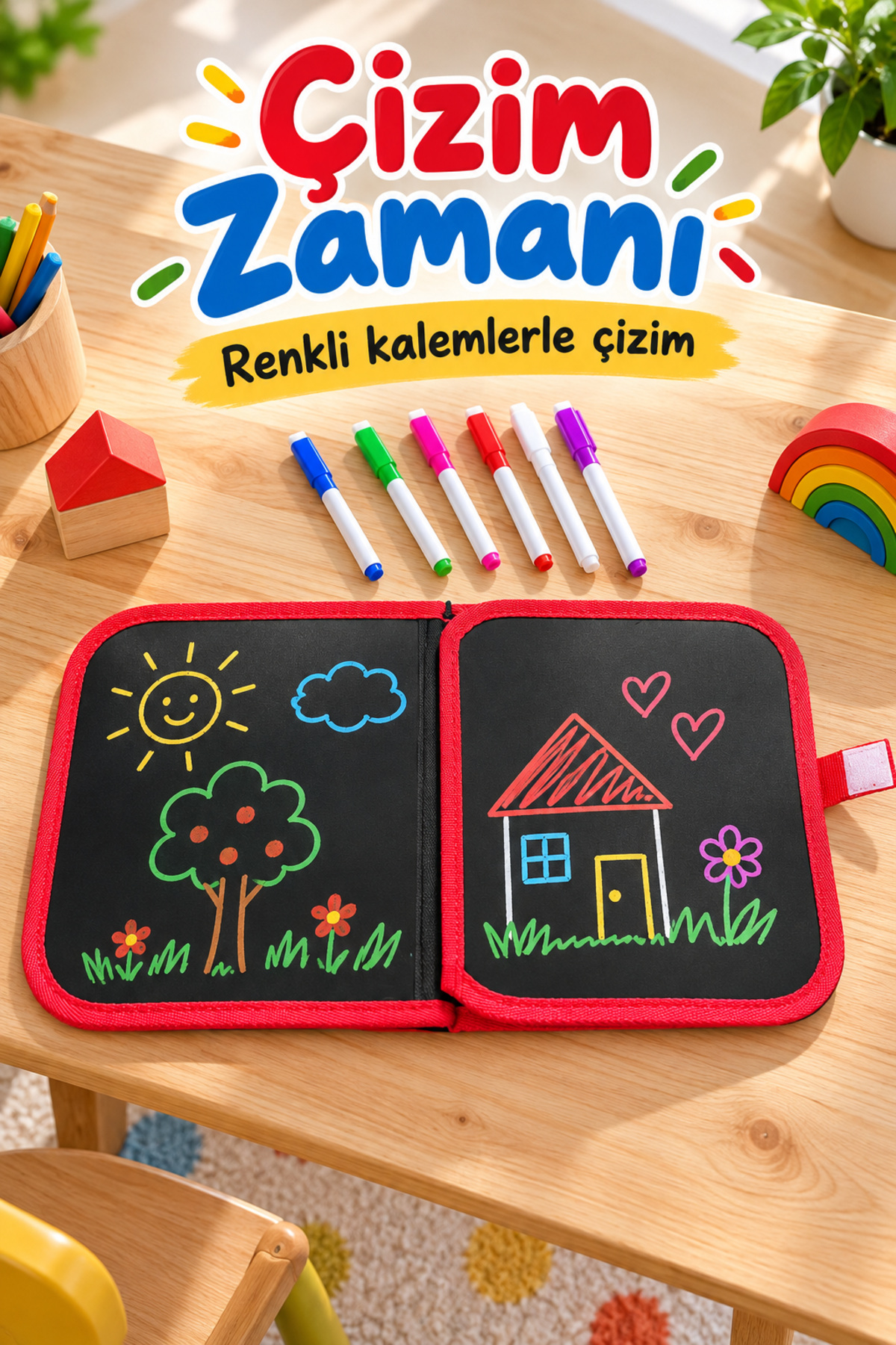 Renkli Kalemli Siyah Sayfalı Desenli Çizim Kitabı - Lisinya