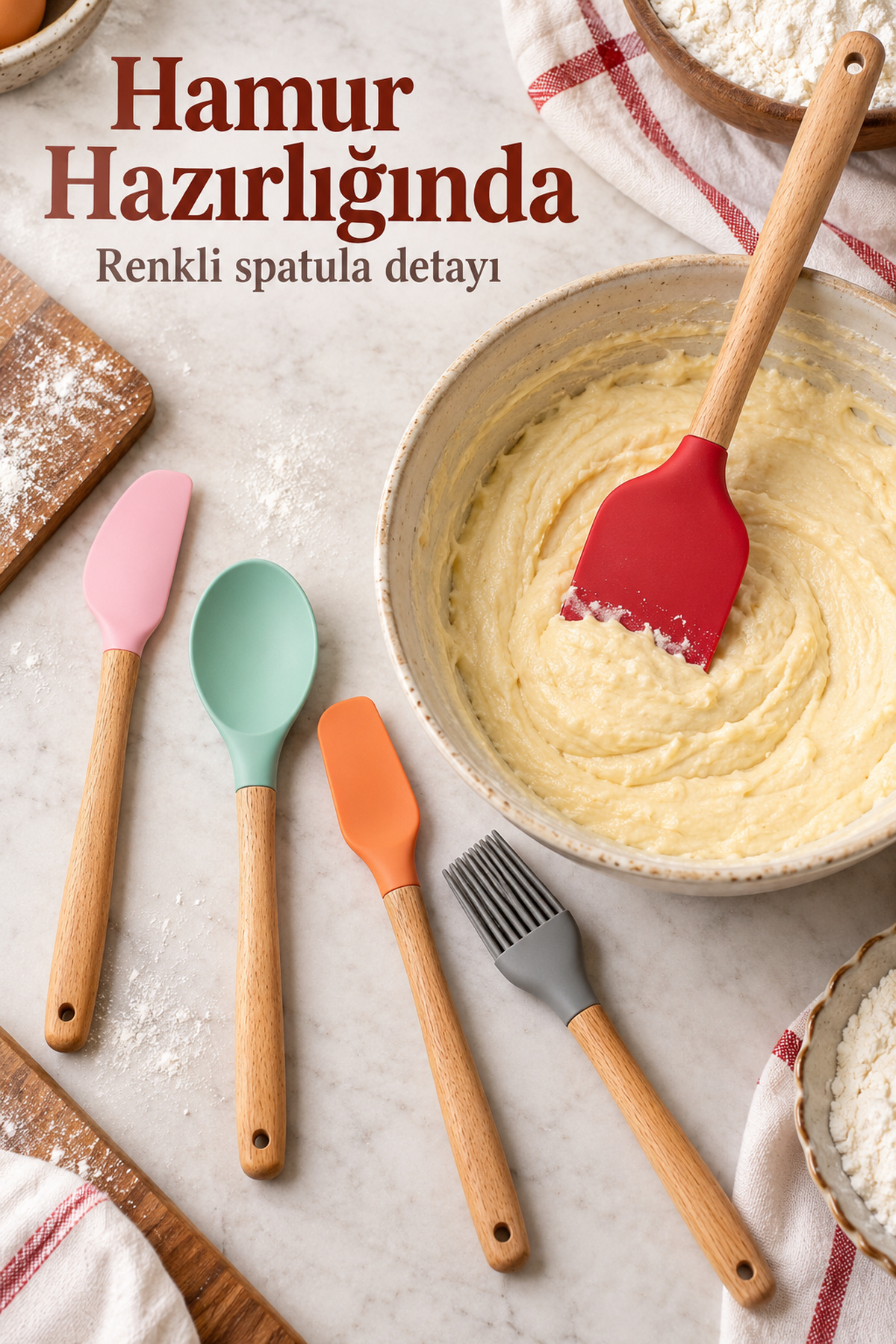 Mutfak Gereçleri Seti Ahşap Görünümlü Saplı Renkli Başlıklar - Lisinya