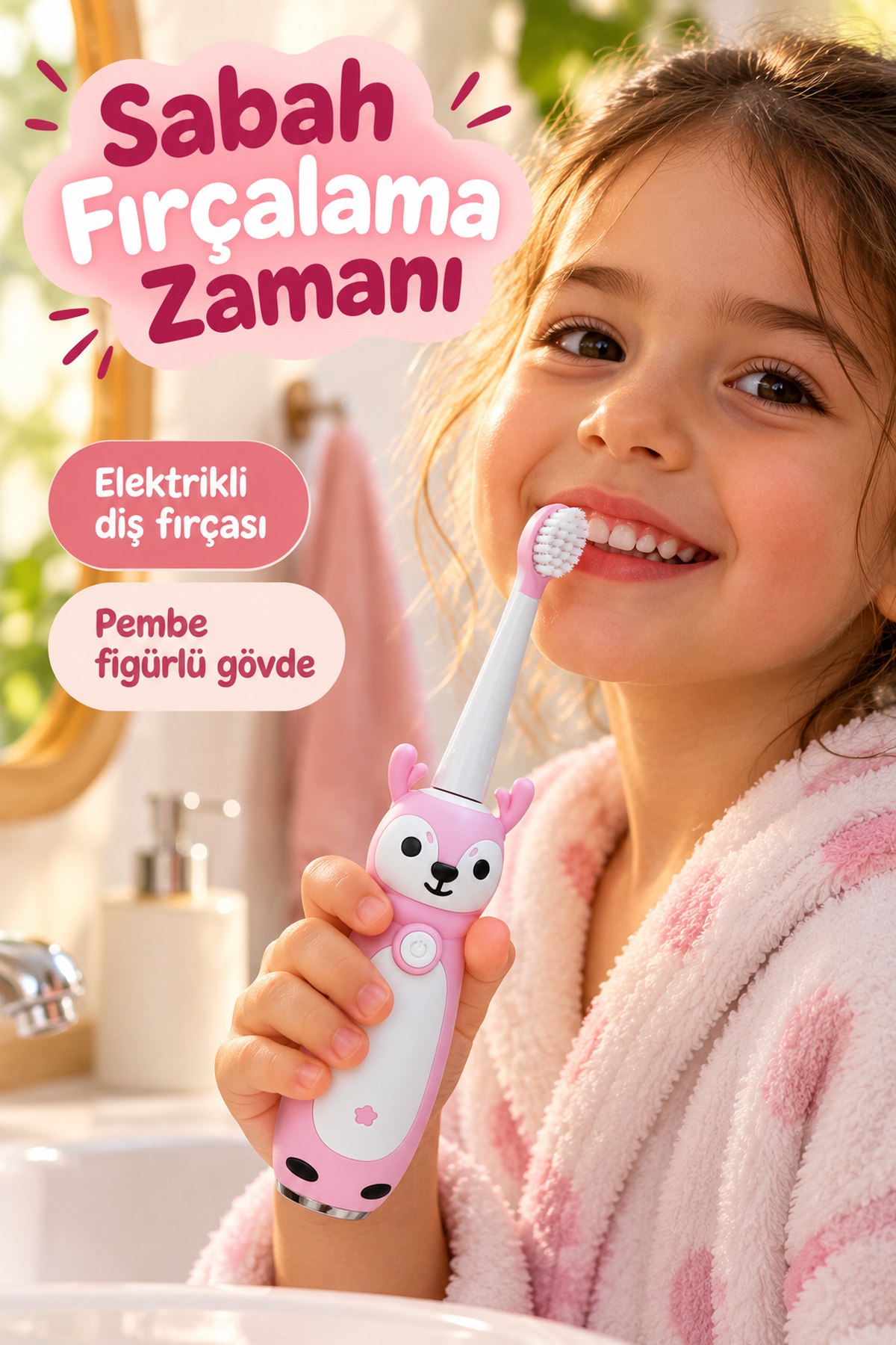 Çocuk Elektrikli Diş Fırçası Pembe Geyik Figürlü Şarjlı - Lisinya