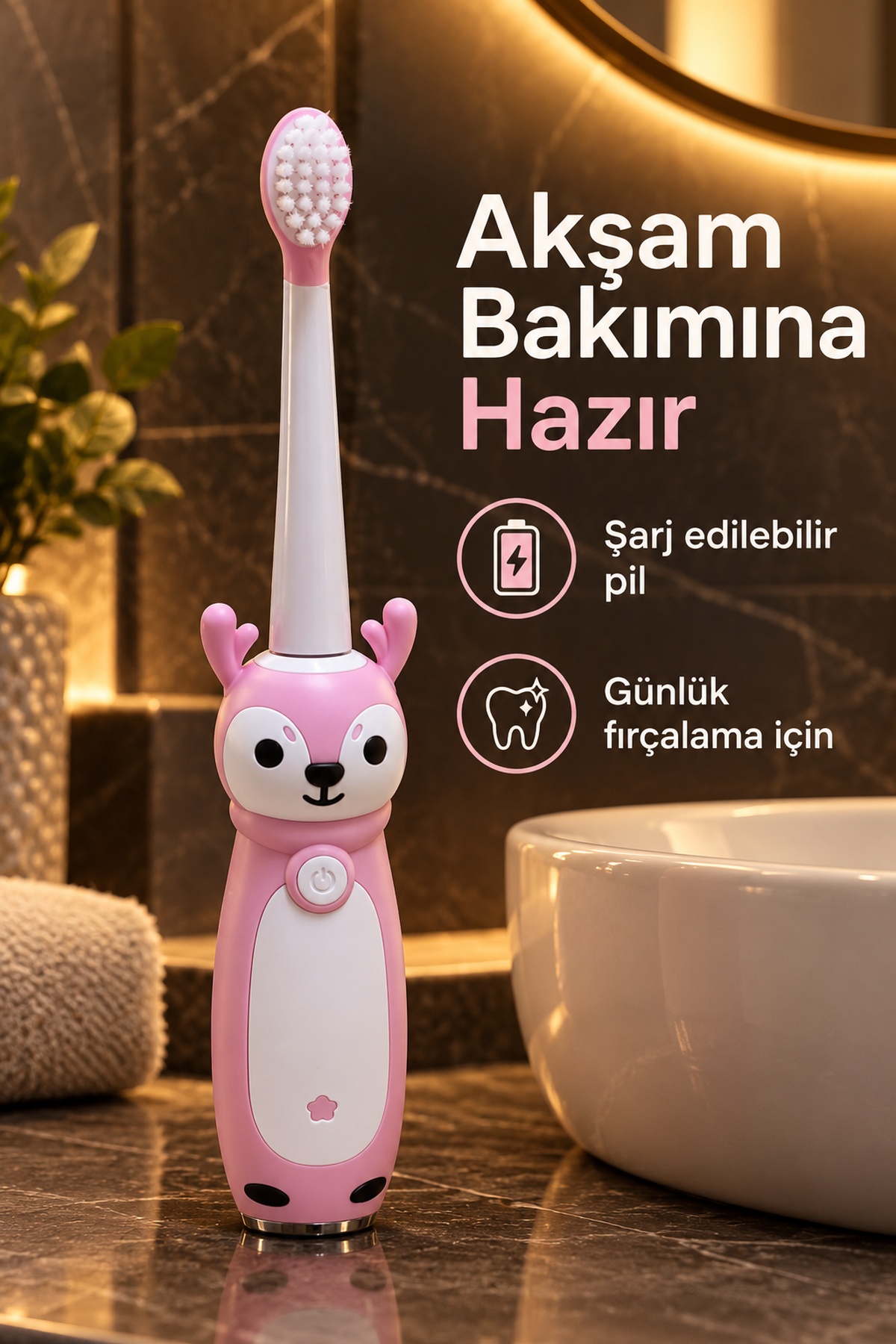 Şarjlı Diş Fırçası Pembe Gövdeli Yedek Başlıklı - Lisinya