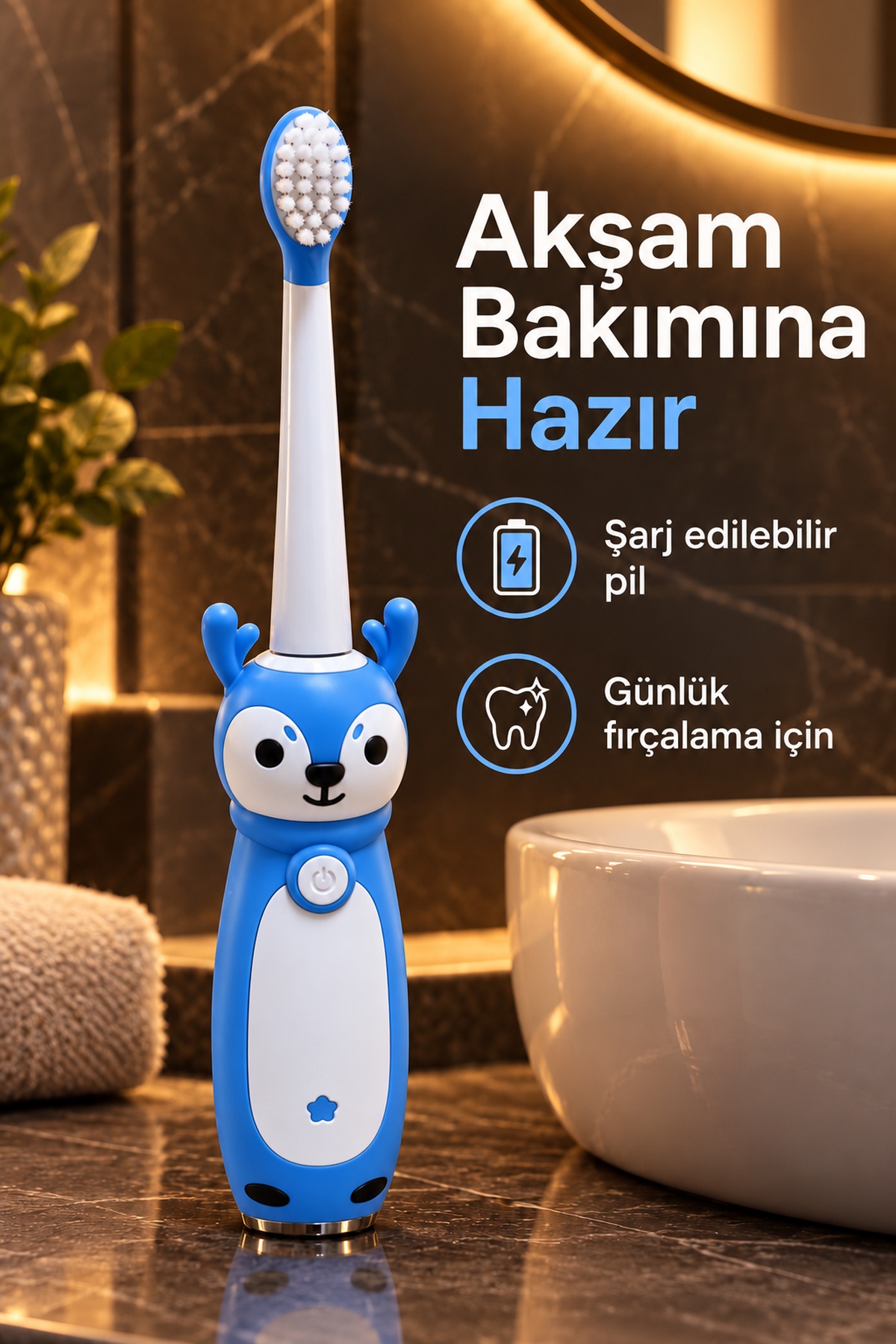 Şarjlı Çocuk Diş Fırçası Mavi Değiştirilebilir Başlıklı - Lisinya