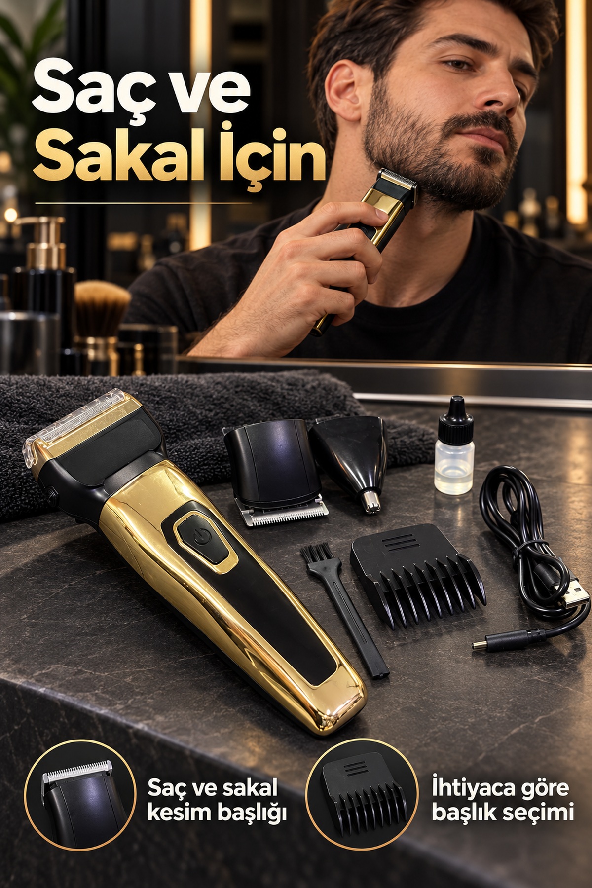 Saç Sakal Tıraş Makinesi Üç Değiştirilebilir Başlıklı - Lisinya