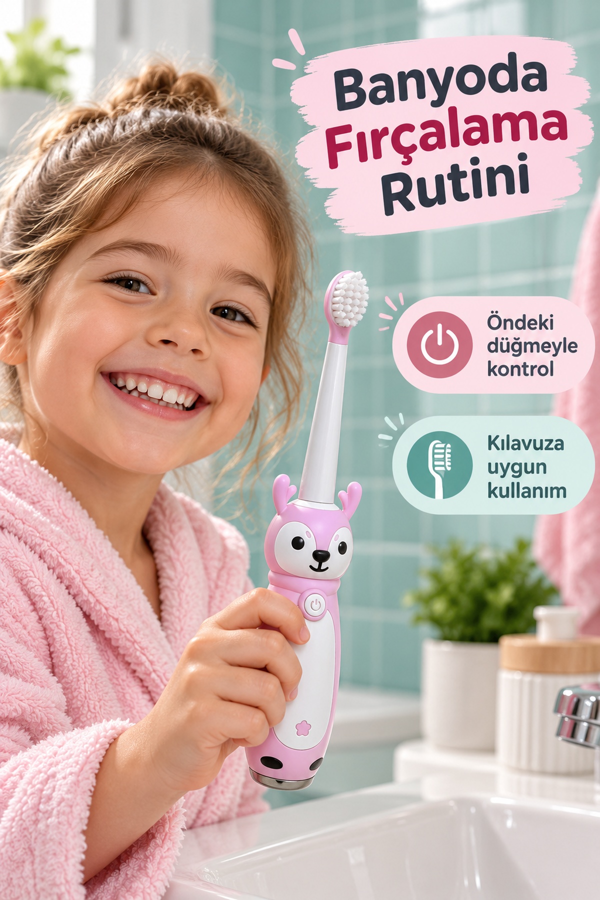 Elektrikli Diş Fırçası Pembe Figürlü Değiştirilebilir Başlıklı - Lisinya