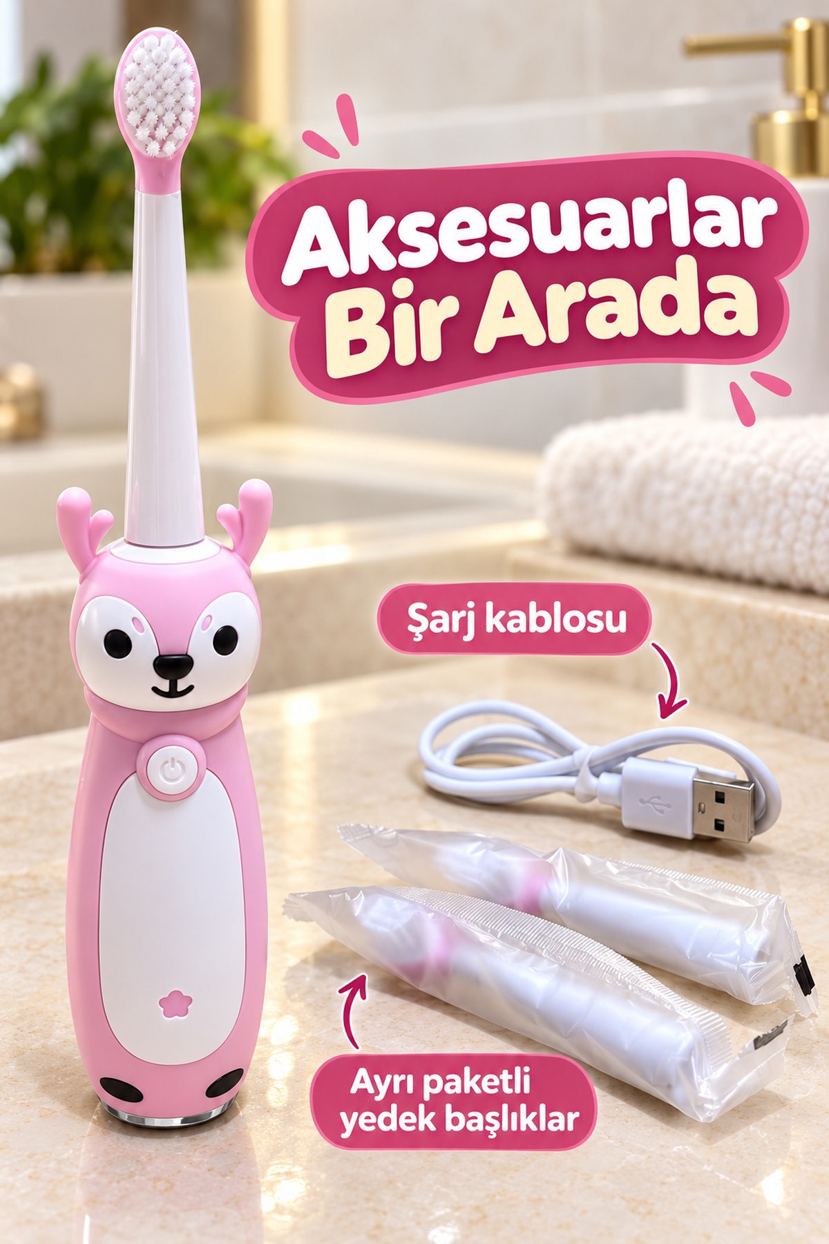 Çocuk Diş Fırçası Pembe Gövdeli Açma Kapama Düğmeli - Lisinya Çocuk Diş Fırçası Pembe Gövdeli Açma Kapama Düğmeli - Lisinya