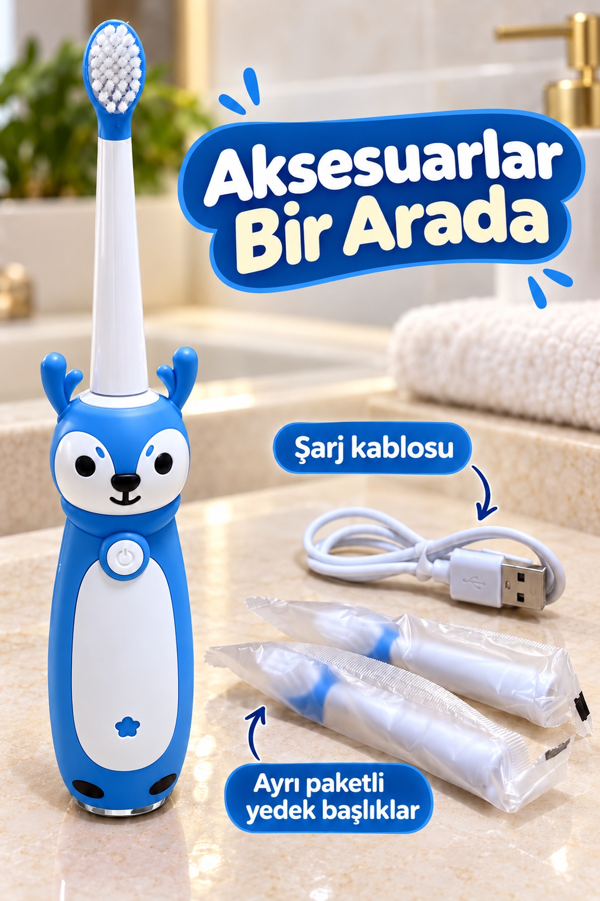 Çocuk Elektrikli Diş Fırçası Mavi Geyik Figürlü Şarjlı - Lisinya Çocuk Elektrikli Diş Fırçası Mavi Geyik Figürlü Şarjlı - Lisinya