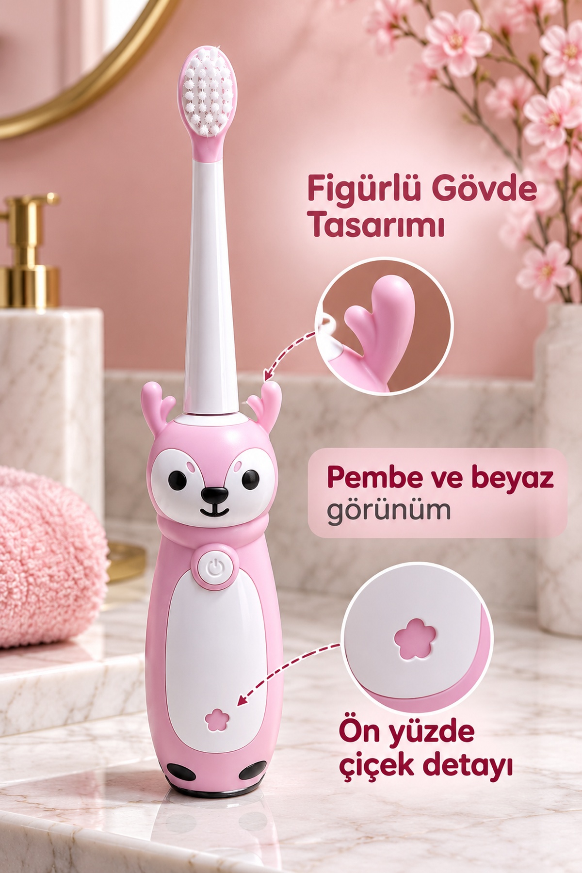 Elektrikli Diş Fırçası Pembe Beyaz Geyik Tasarımlı - Lisinya