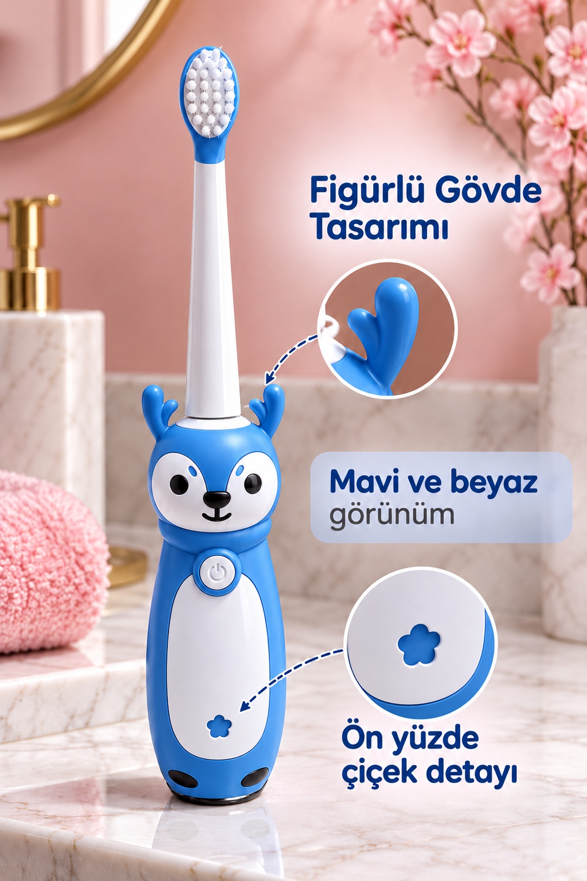 Elektrikli Çocuk Diş Fırçası Mavi Beyaz Figürlü - Lisinya