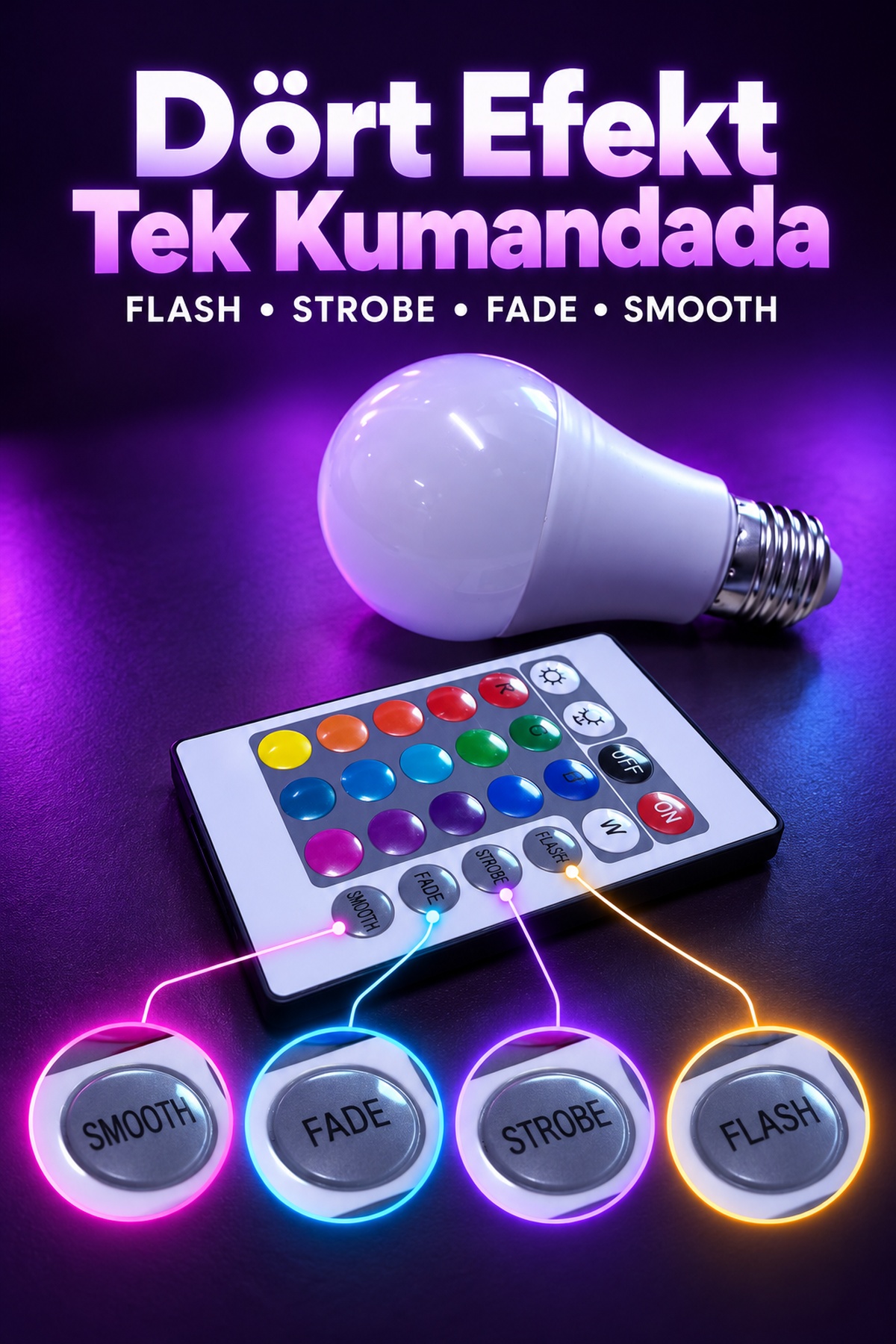 RGB LED Ampul Kumandadan Işık Efekti Seçimli - Lisinya RGB LED Ampul Kumandadan Işık Efekti Seçimli - Lisinya