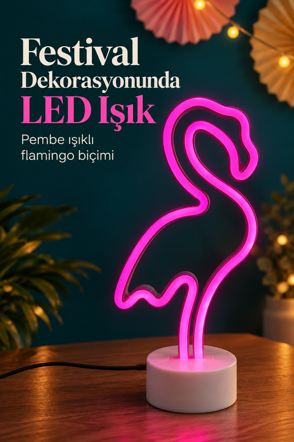 Flamingo Neon Lamba Beyaz Gövdeli Yuvarlak Tabanlı - Lisinya