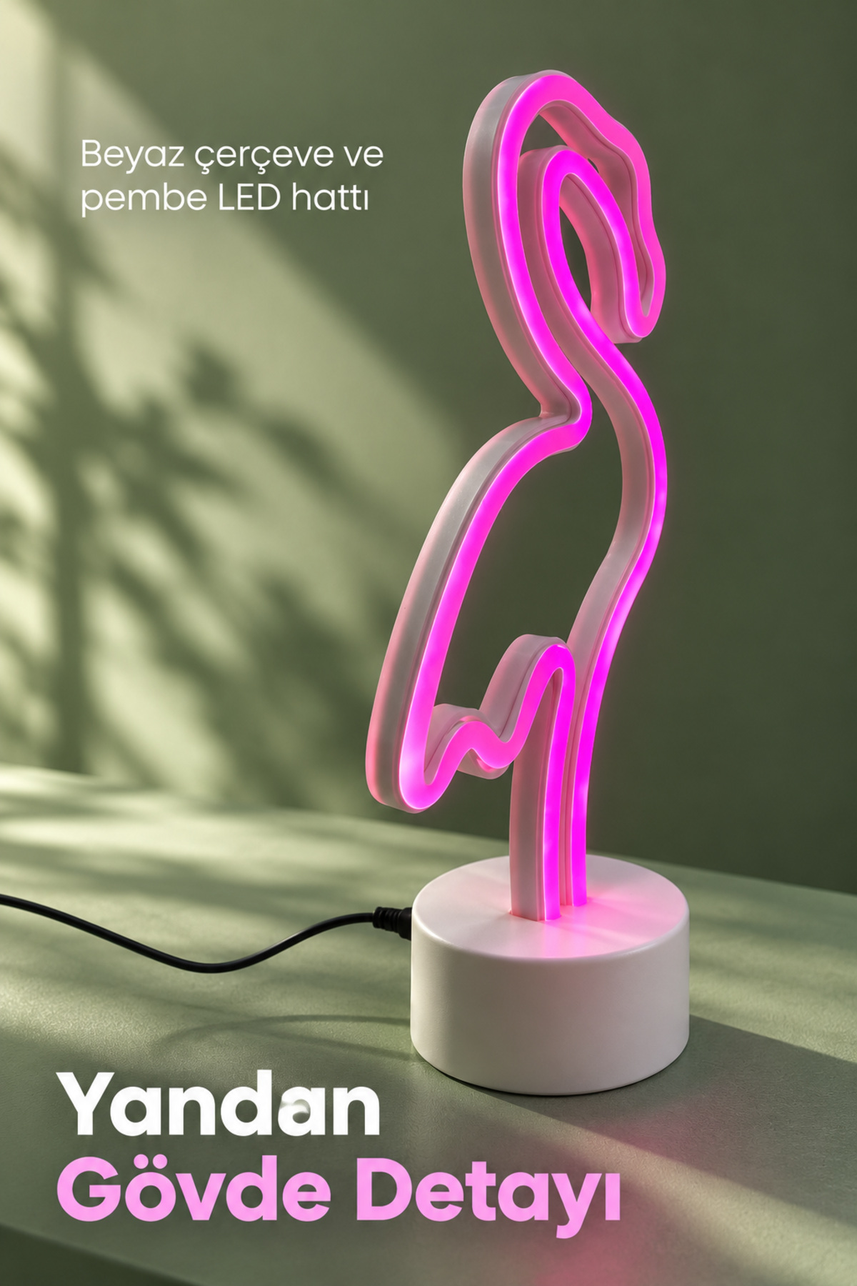 Dekoratif Flamingo Neon Lamba Pembe Işıklı Beyaz Tabanlı - Lisinya