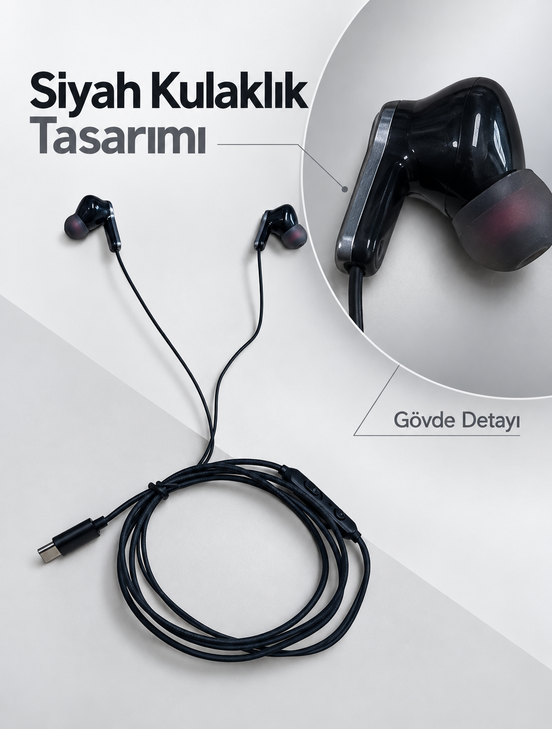 Dahili Mikrofonlu Type C Kablolu Kulaklık Siyah Gövde - Lisinya