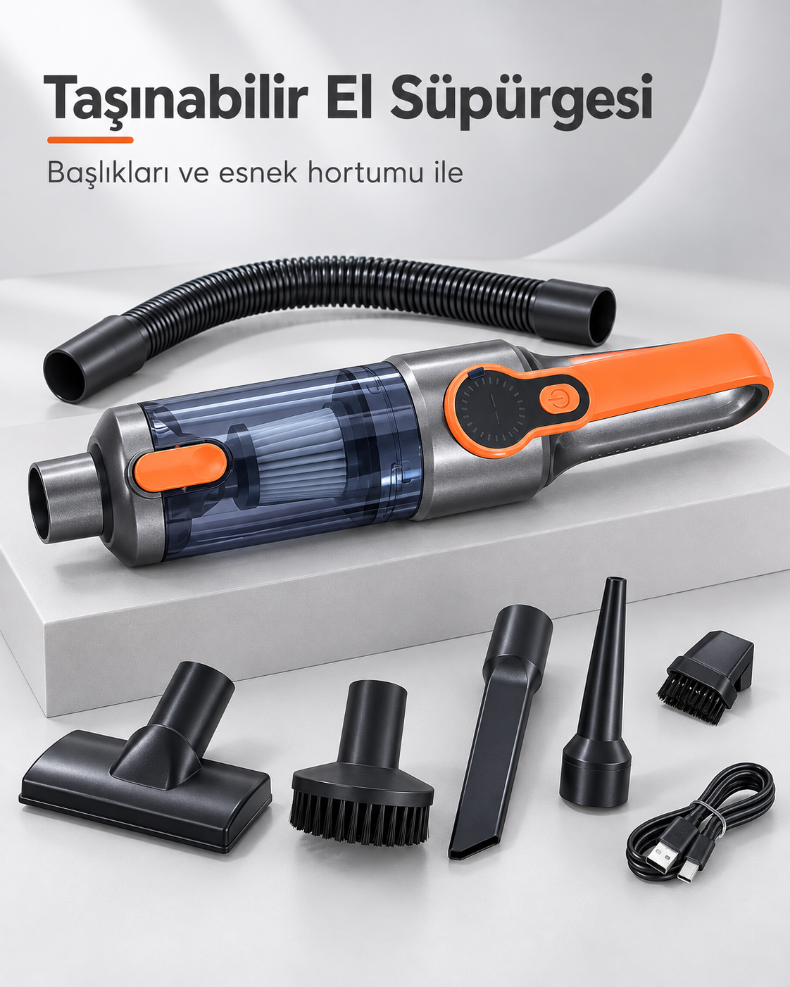 Şeffaf Toz Hazneli Gri Turuncu El Süpürgesi Temizlik Başlıkları ve USB Şarj Kablolu - Lisinya Şeffaf Toz Hazneli Gri Turuncu El Süpürgesi Temizlik Başlıkları ve USB Şarj Kablolu - Lisinya